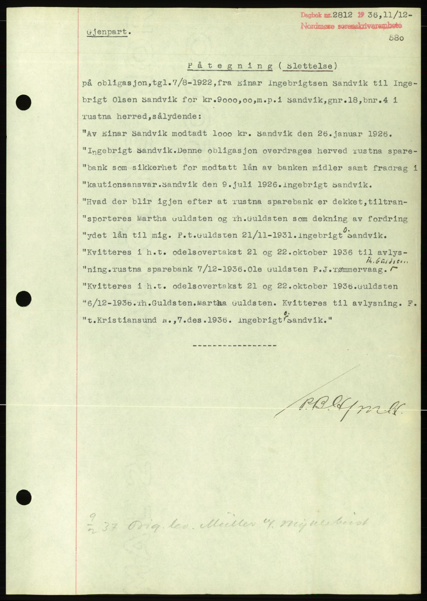 Nordmøre sorenskriveri, AV/SAT-A-4132/1/2/2Ca/L0090: Mortgage book no. B80, 1936-1937, Diary no: : 2812/1936