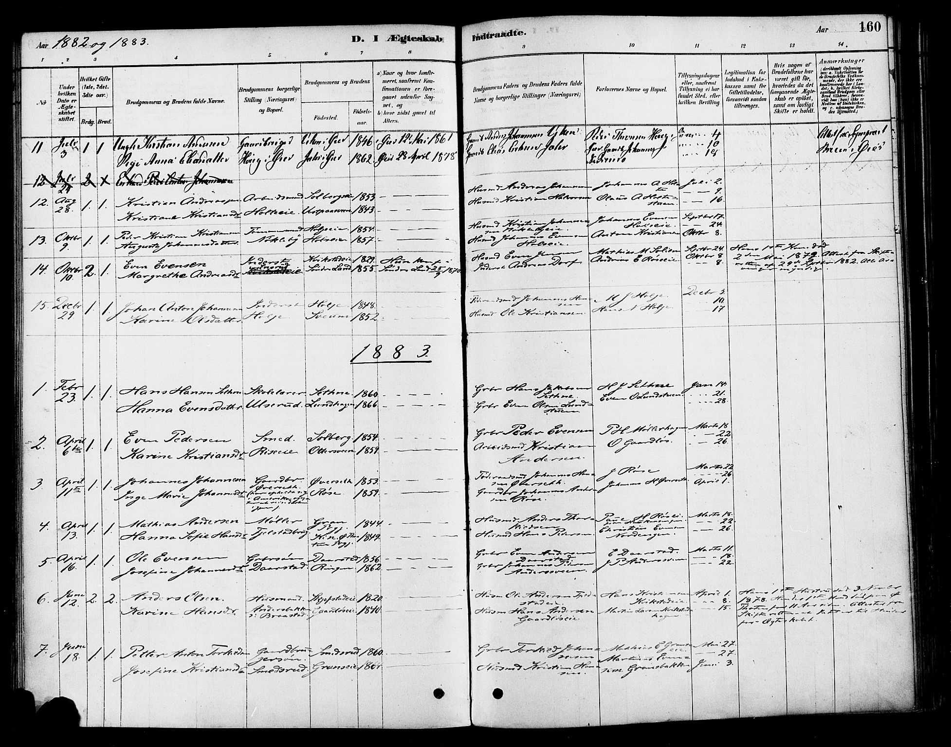 Vestre Toten prestekontor, SAH/PREST-108/H/Ha/Haa/L0010: Parish register (official) no. 10, 1878-1894, p. 160