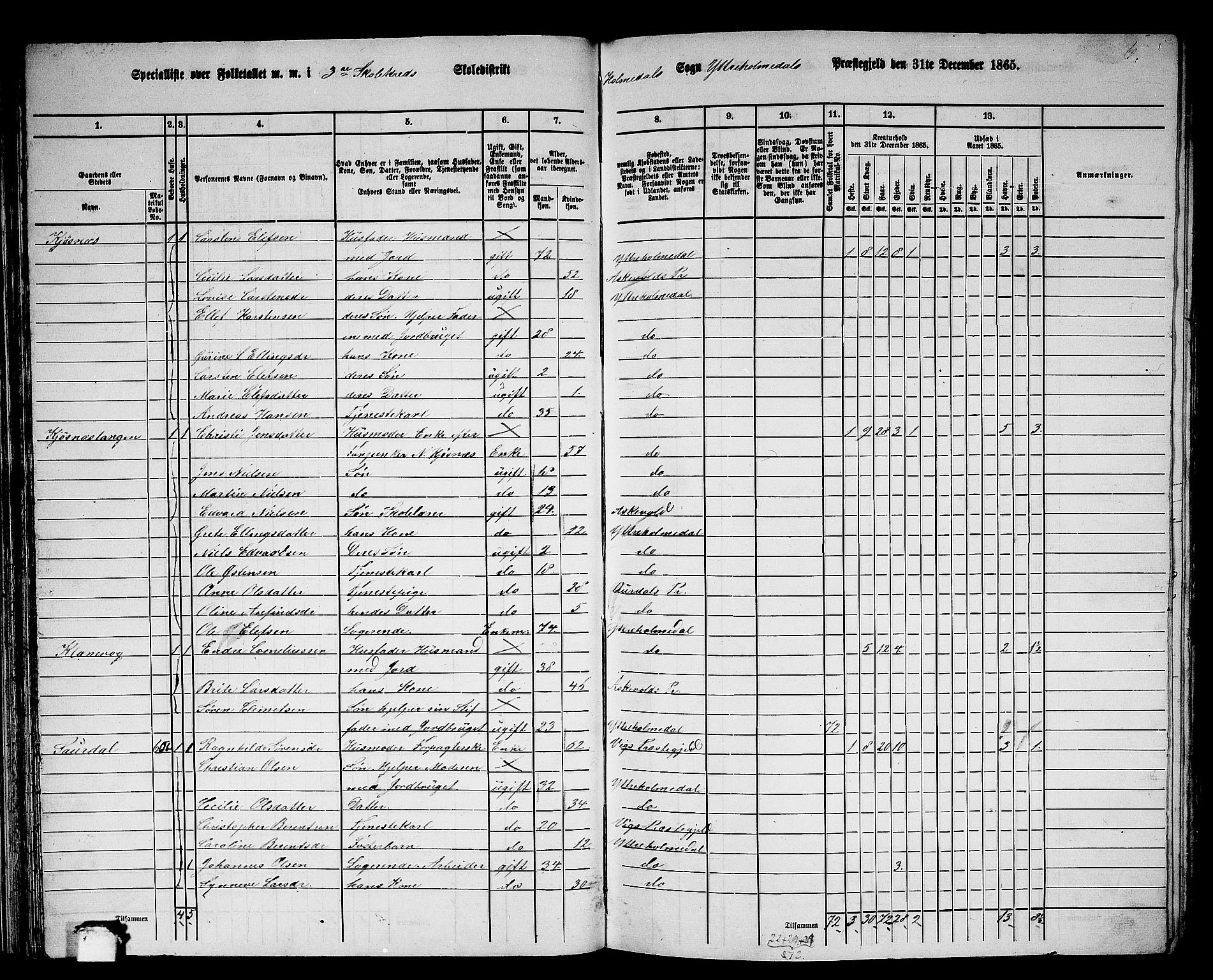 RA, 1865 census for Ytre Holmedal, 1865, p. 49