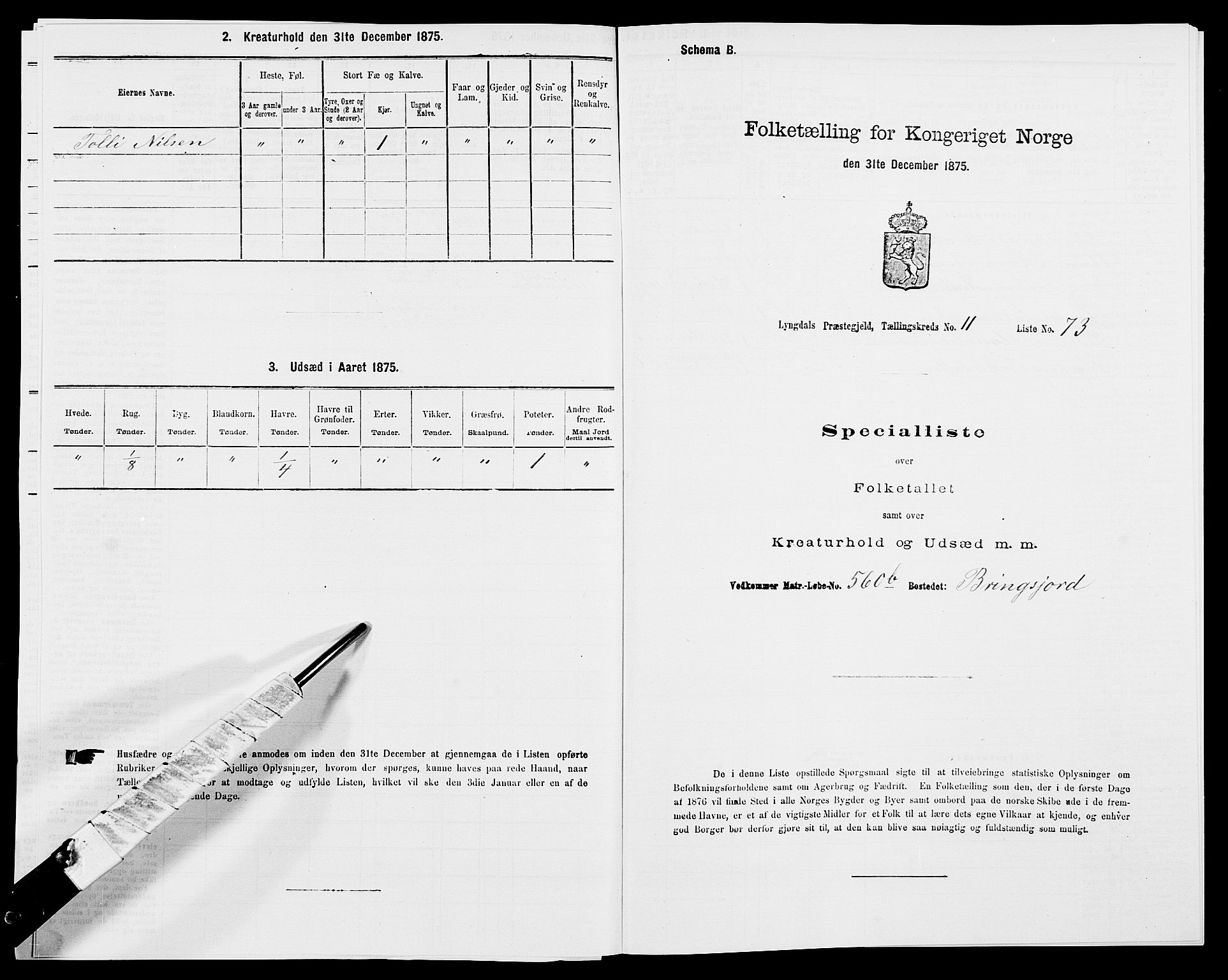 SAK, 1875 census for 1032P Lyngdal, 1875, p. 1847