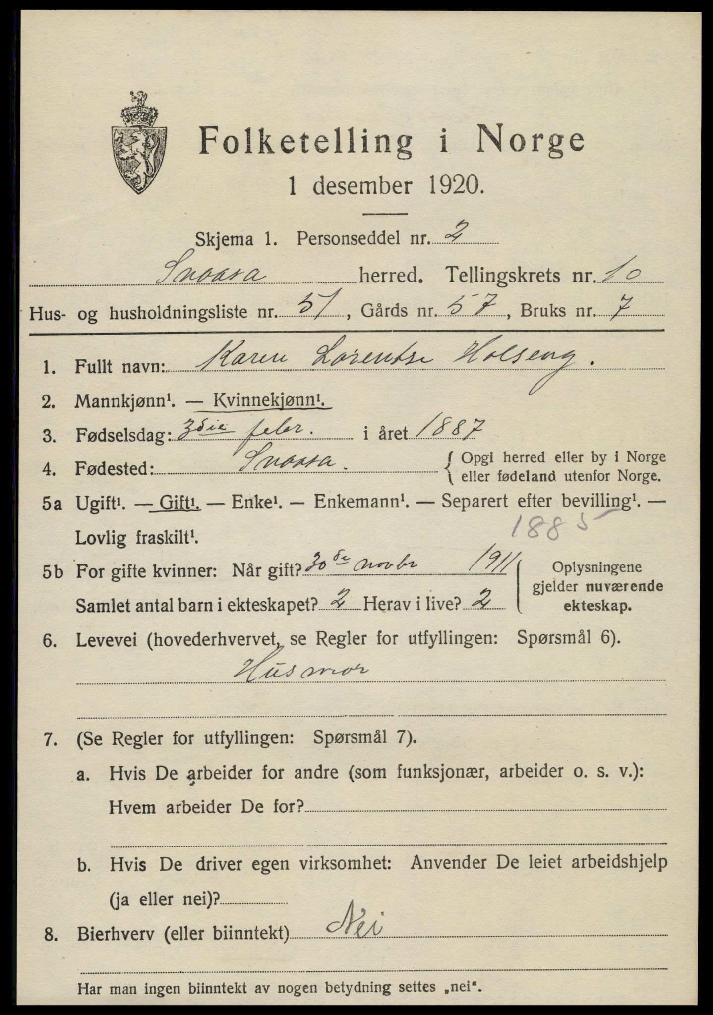 SAT, 1920 census for Snåsa, 1920, p. 4910