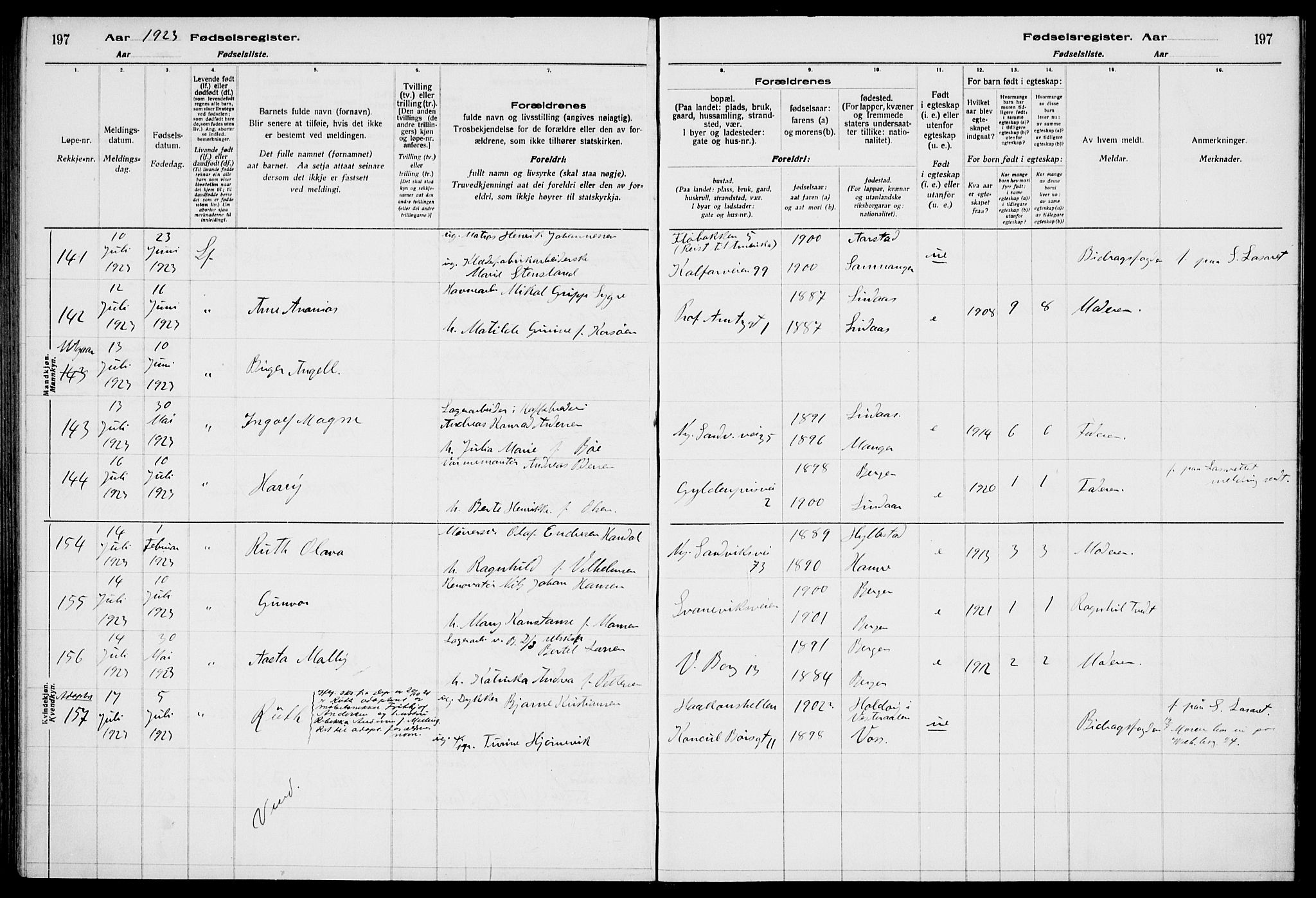 Sandviken Sokneprestembete, AV/SAB-A-77601/I/Ib/L00A2: Birth register no. A 2, 1920-1923, p. 197