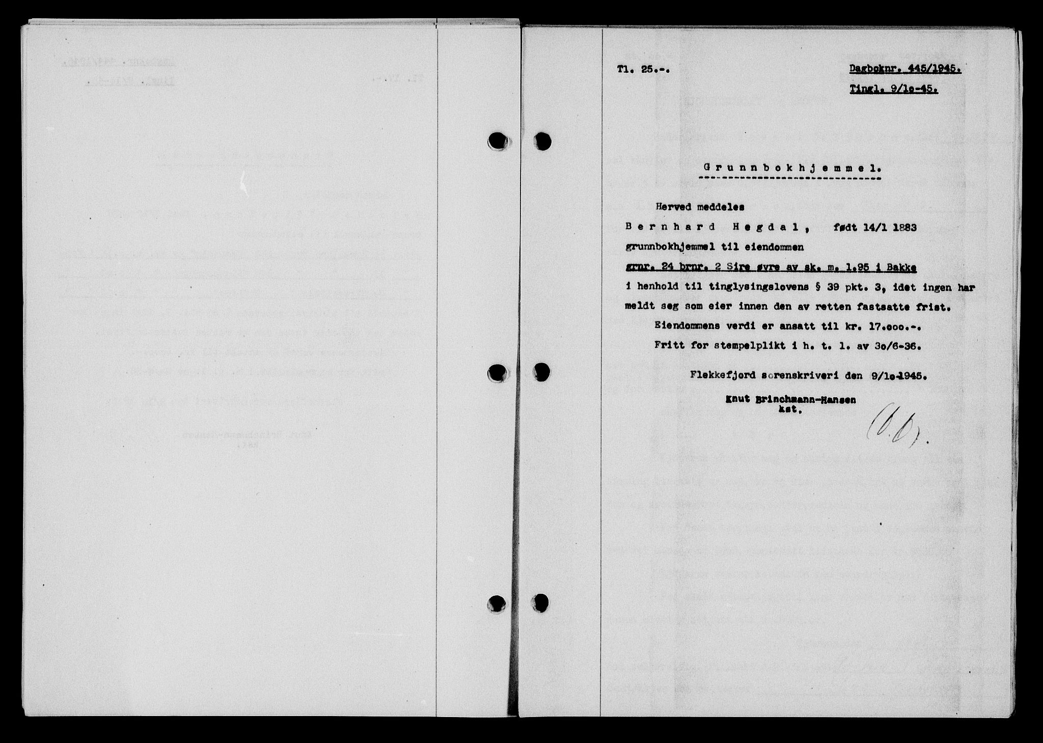 Flekkefjord sorenskriveri, SAK/1221-0001/G/Gb/Gba/L0060: Mortgage book no. A-8, 1945-1946, Diary no: : 445/1945