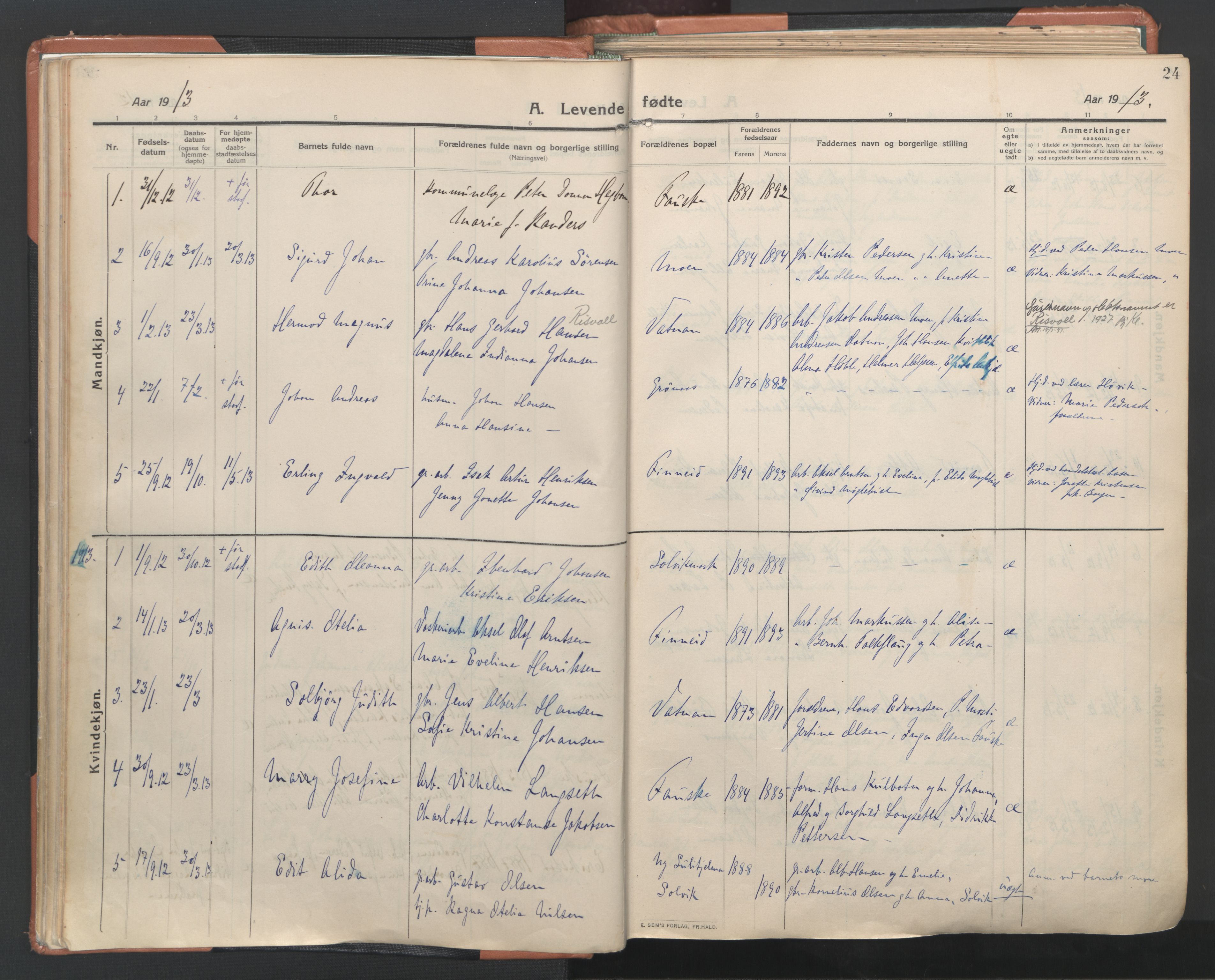 Ministerialprotokoller, klokkerbøker og fødselsregistre - Nordland, SAT/A-1459/849/L0698: Parish register (official) no. 849A09, 1911-1924, p. 24
