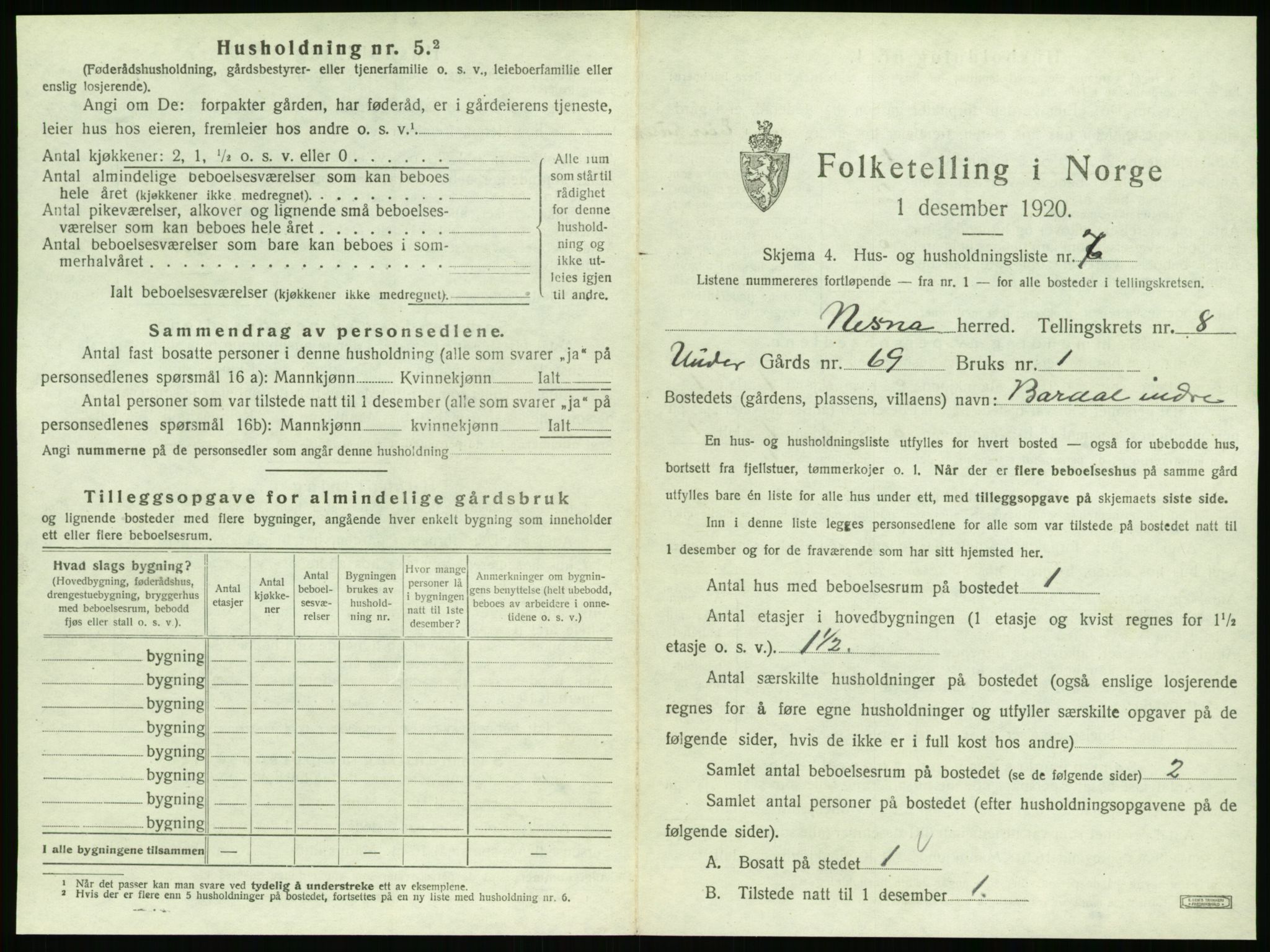 SAT, 1920 census for Nesna, 1920, p. 943