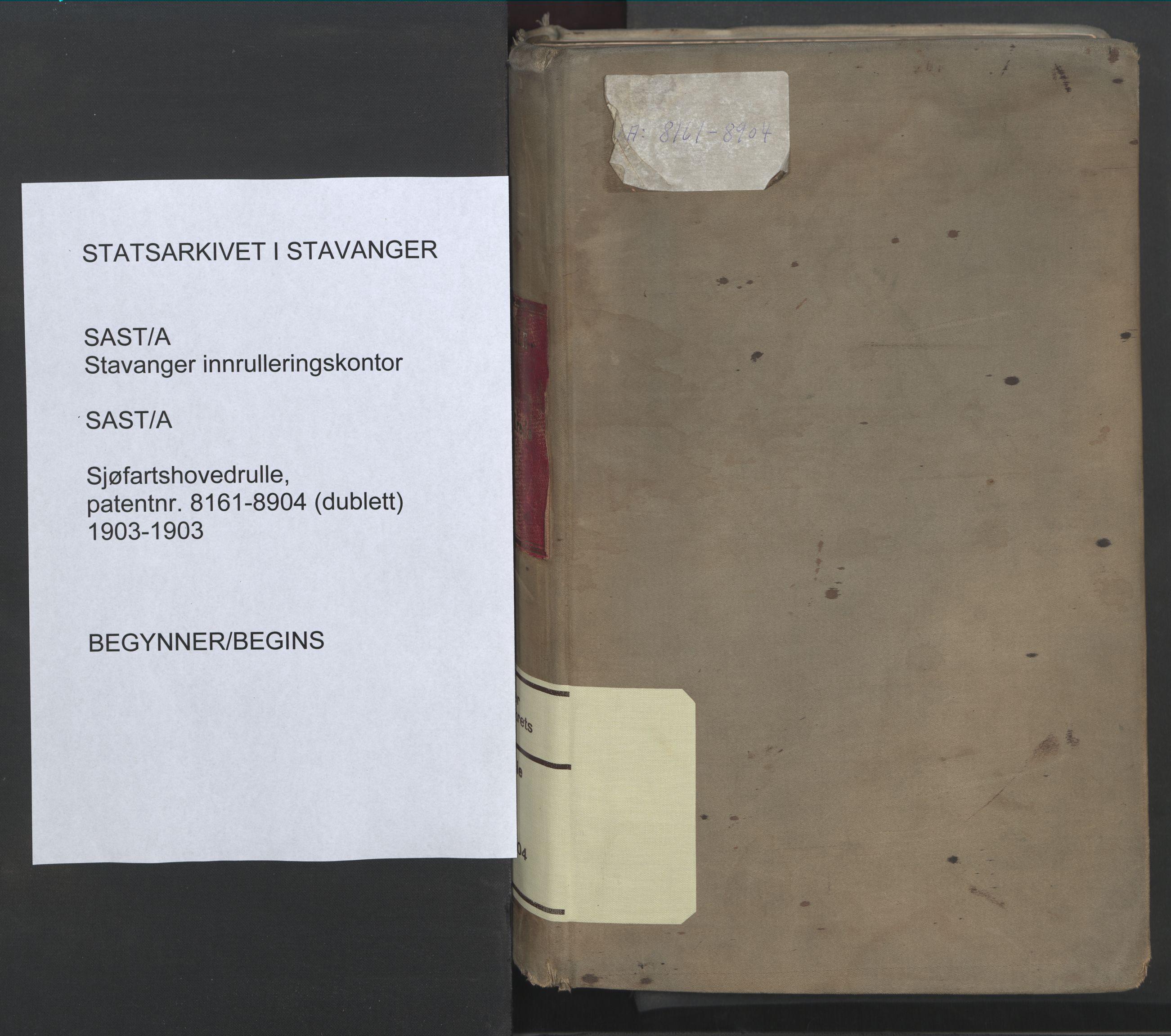 Stavanger sjømannskontor, SAST/A-102006/F/Fb/Fbb/L0023: Sjøfartshovedrulle patnentnr. 8161-8904 (dublett), 1903, p. 1