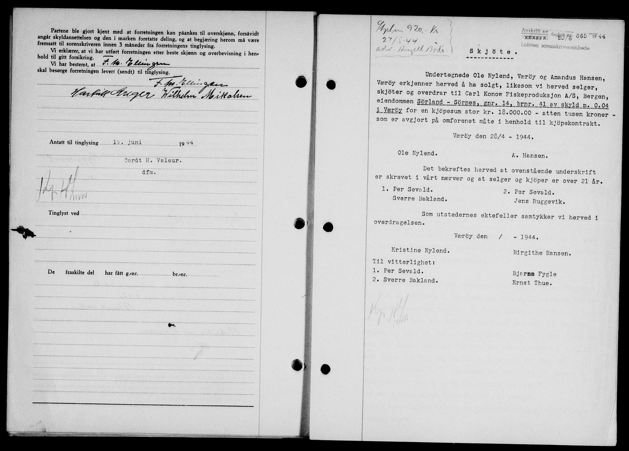 Lofoten sorenskriveri, SAT/A-0017/1/2/2C/L0012a: Mortgage book no. 12a, 1943-1944, Diary no: : 665/1944
