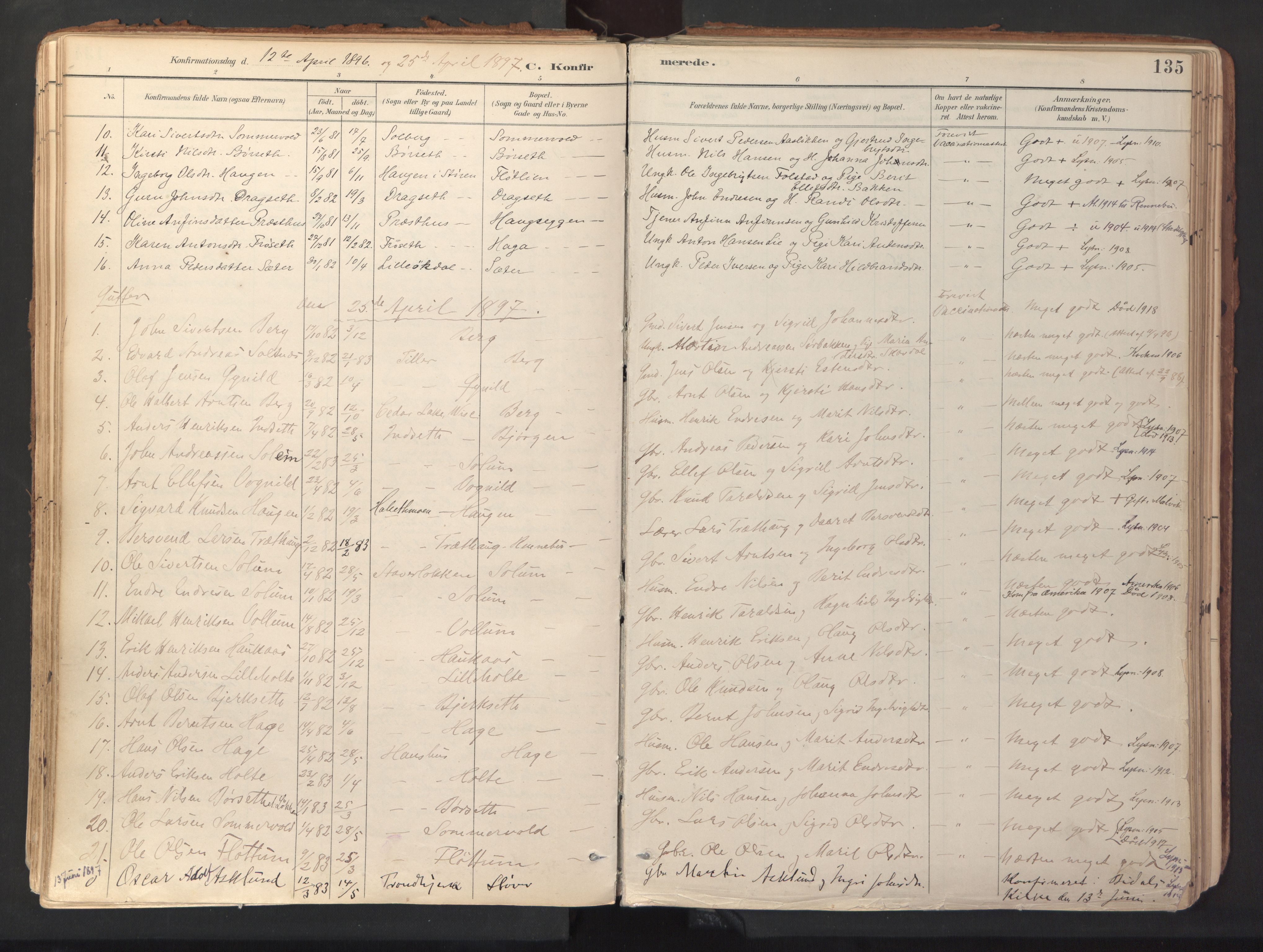 Ministerialprotokoller, klokkerbøker og fødselsregistre - Sør-Trøndelag, SAT/A-1456/689/L1041: Parish register (official) no. 689A06, 1891-1923, p. 135