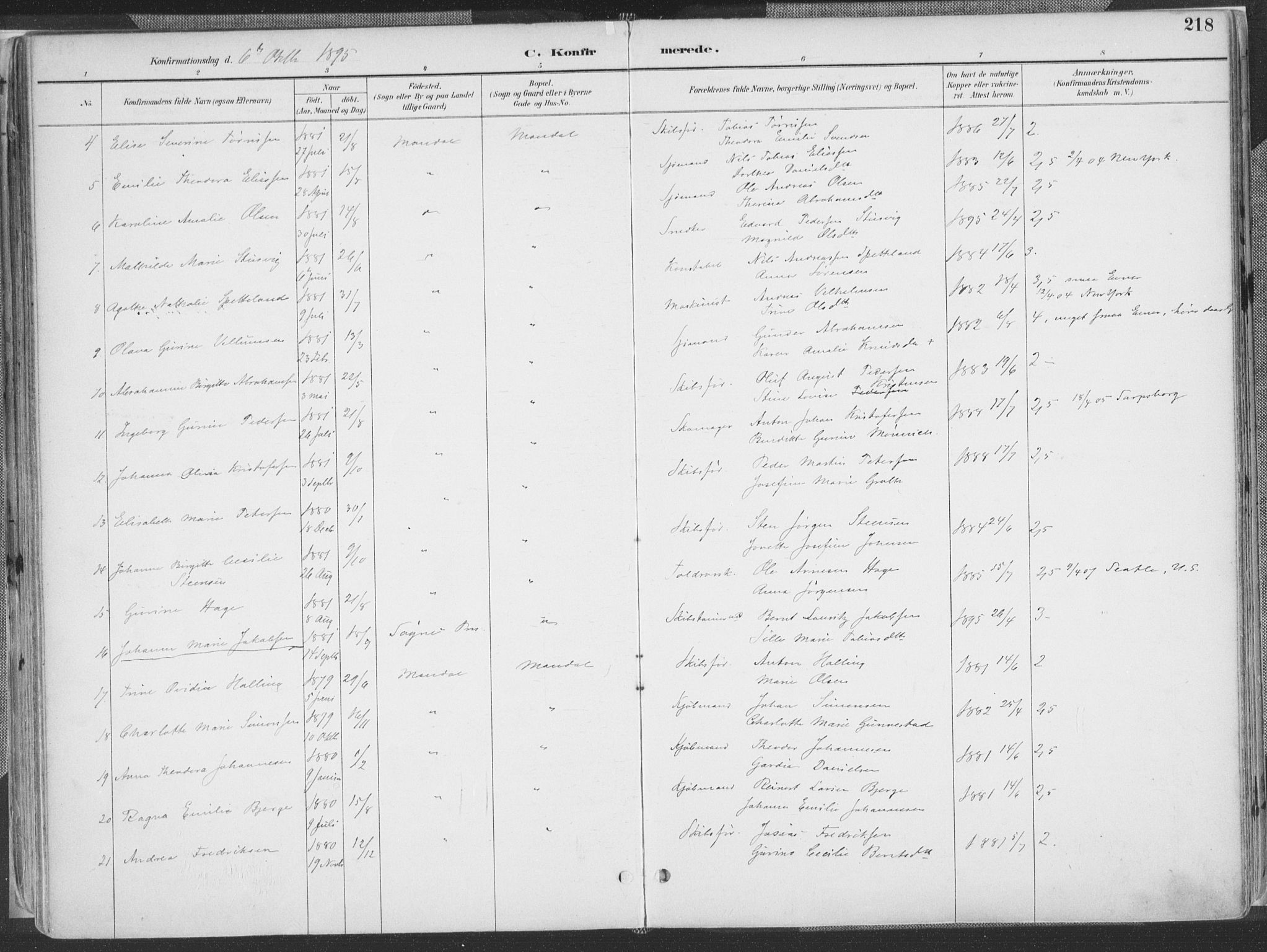 Mandal sokneprestkontor, SAK/1111-0030/F/Fa/Faa/L0018: Parish register (official) no. A 18, 1890-1905, p. 218