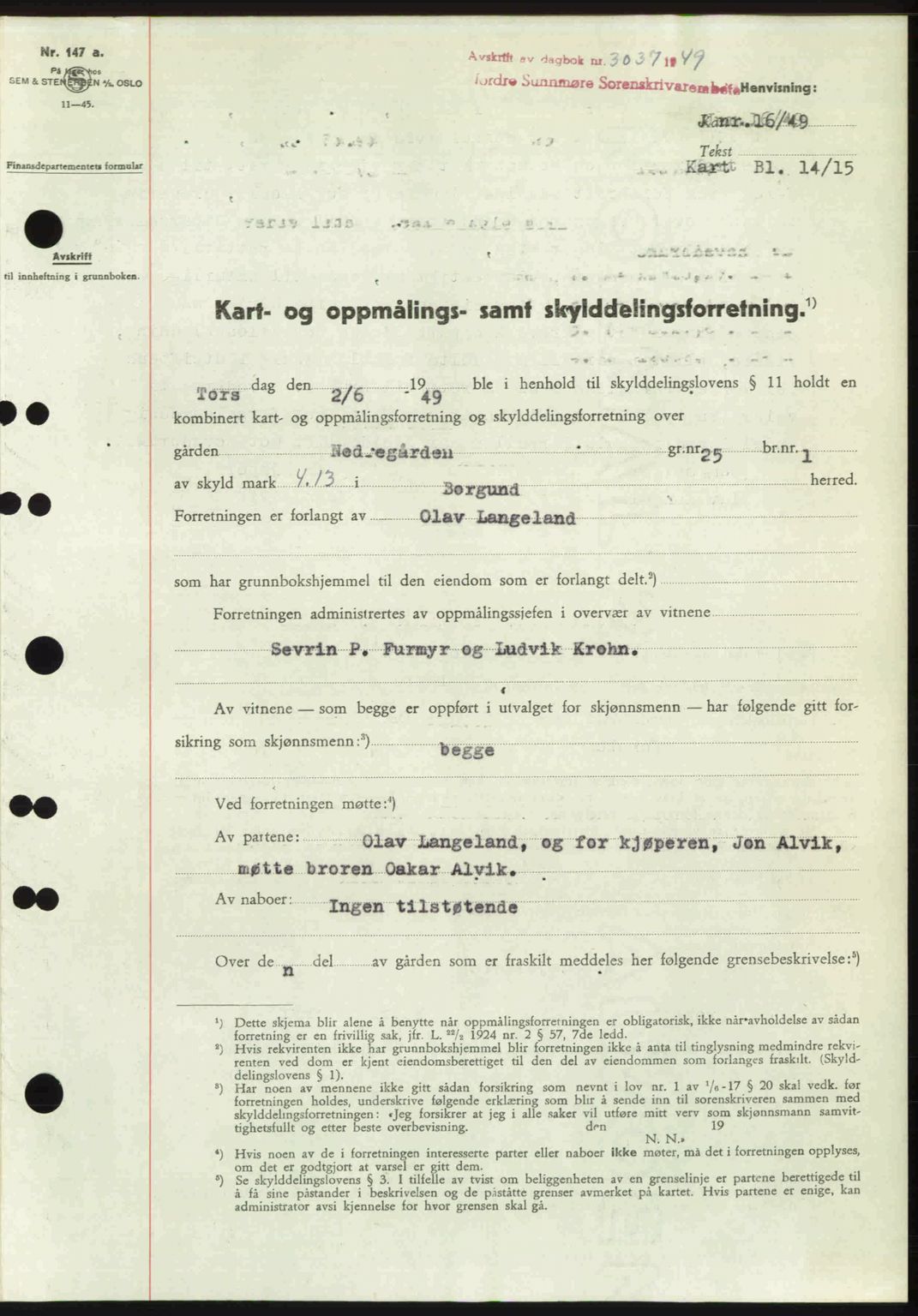 Nordre Sunnmøre sorenskriveri, AV/SAT-A-0006/1/2/2C/2Ca: Mortgage book no. A33, 1949-1950, Diary no: : 3037/1949