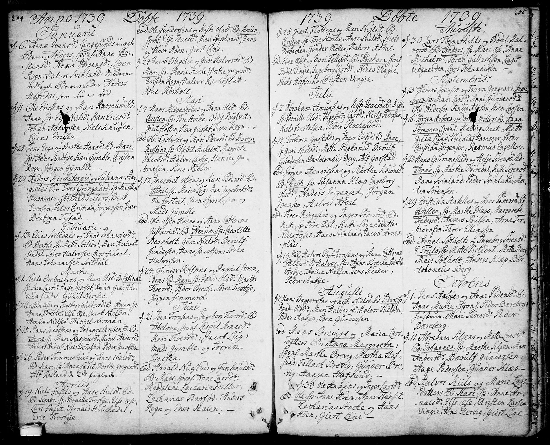 Bamble kirkebøker, AV/SAKO-A-253/F/Fa/L0001: Parish register (official) no. I 1, 1702-1774, p. 204-205