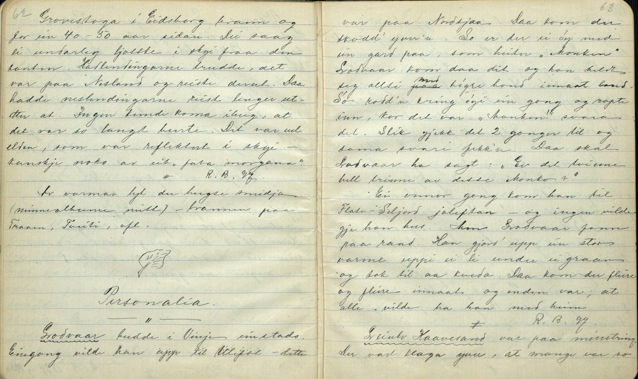 Rikard Berge, TEMU/TGM-A-1003/F/L0001/0005: 001-030 Innholdslister / 2. Erindringer om merkelige begivenheter, slegter, personligheder, 1900, p. 62-63