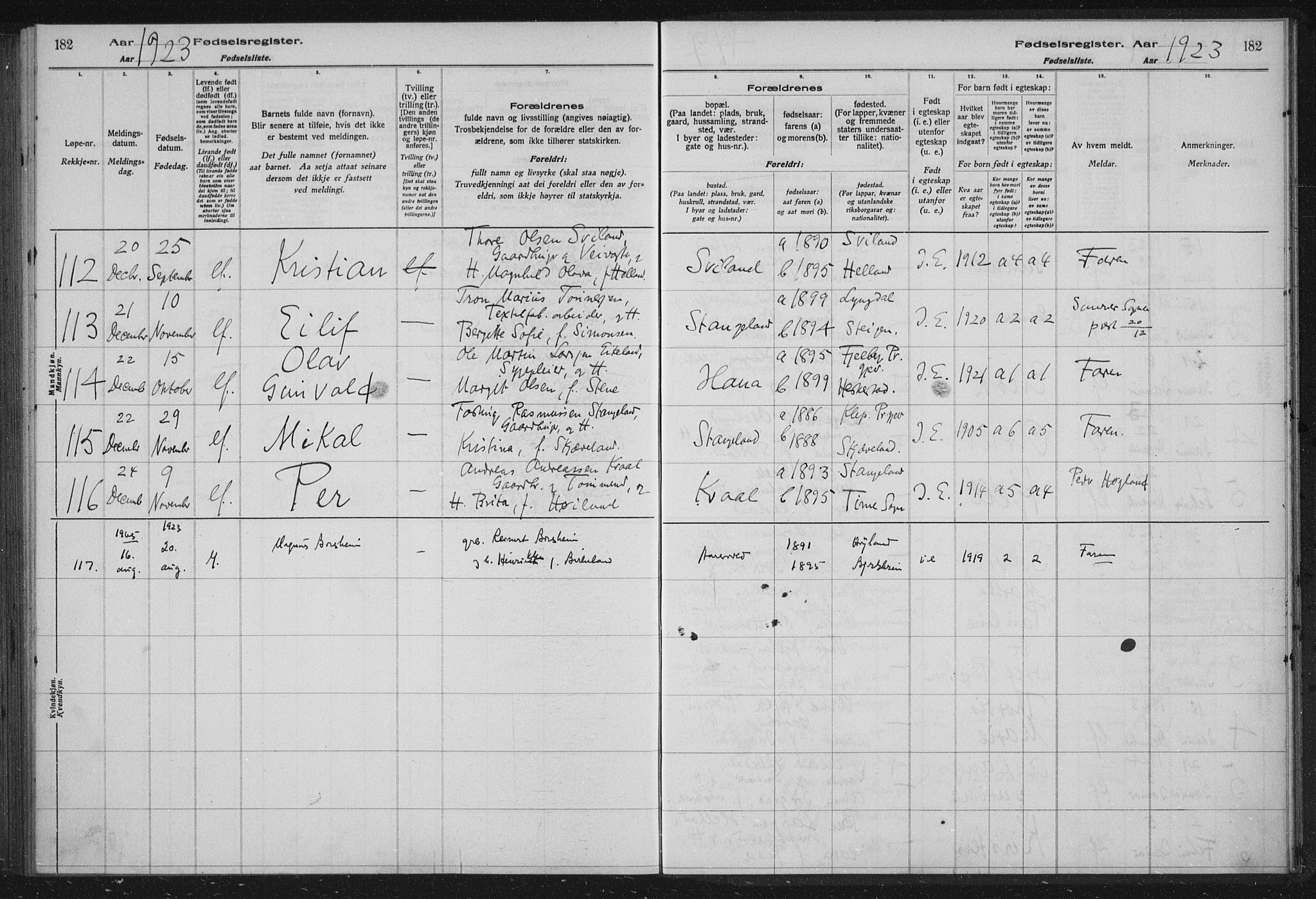 Høyland sokneprestkontor, AV/SAST-A-101799/002/O/L0001: Birth register no. 1, 1916-1924, p. 182