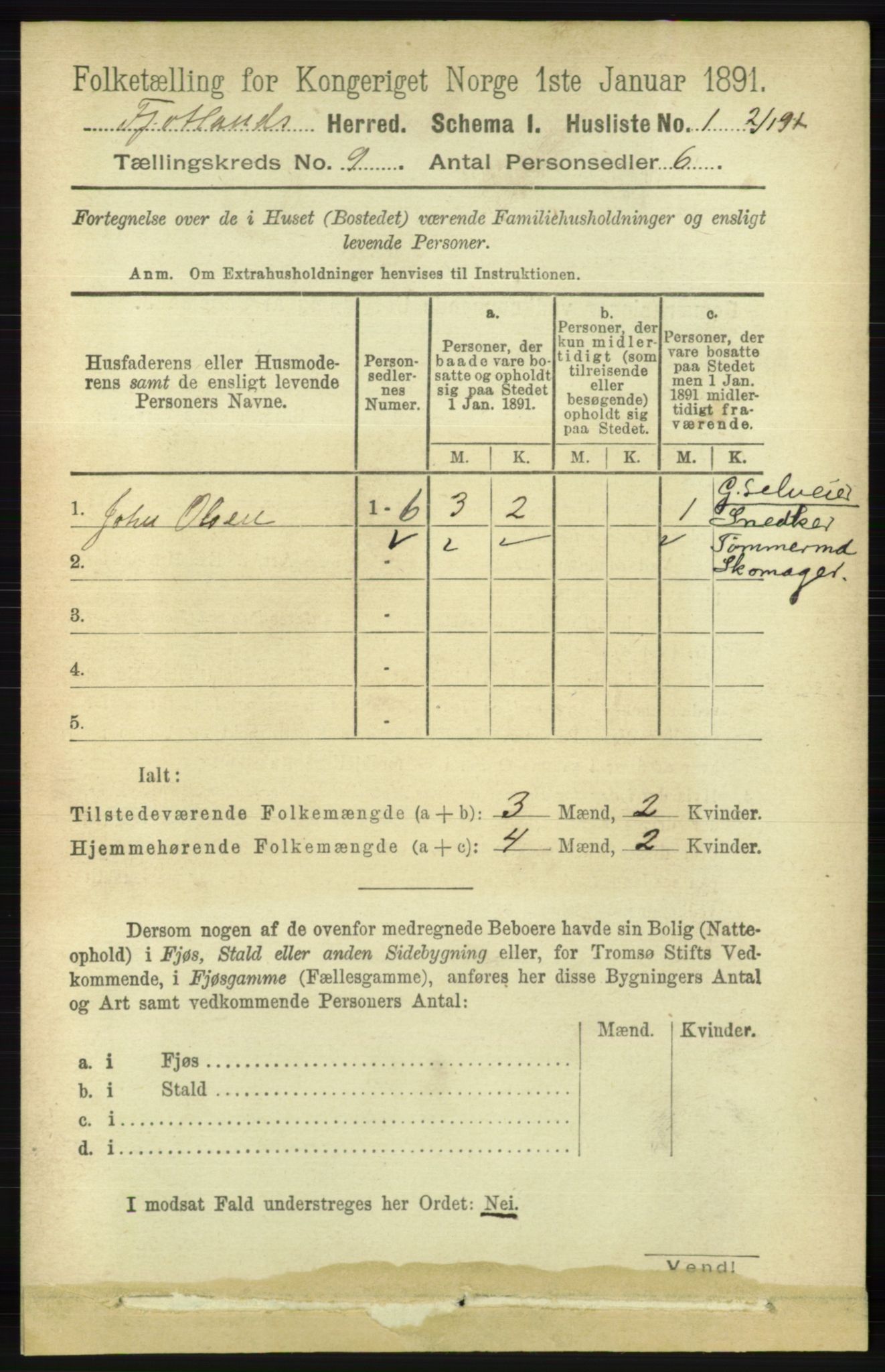 RA, 1891 census for 1036 Fjotland, 1891, p. 1281