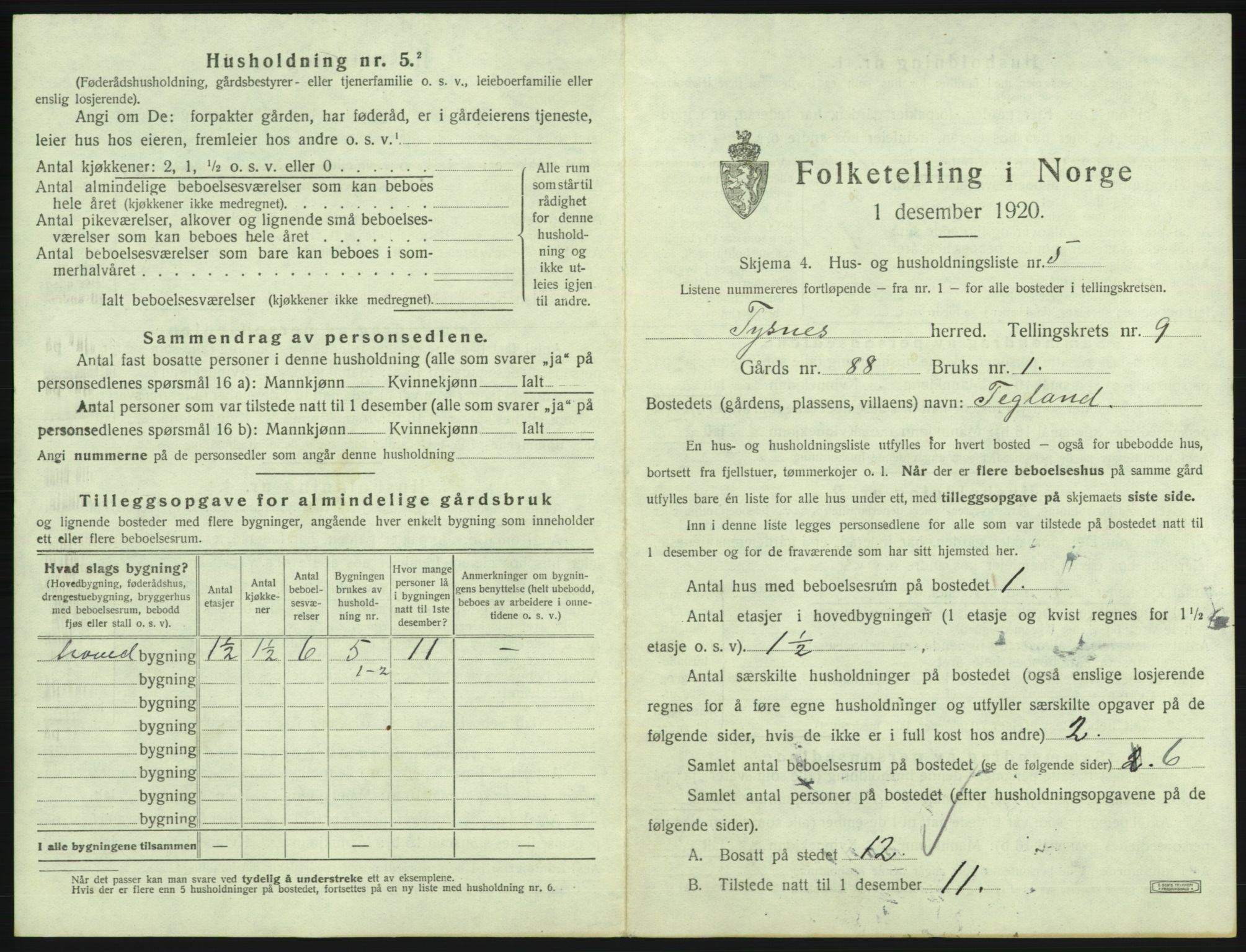 SAB, 1920 census for Tysnes, 1920, p. 822