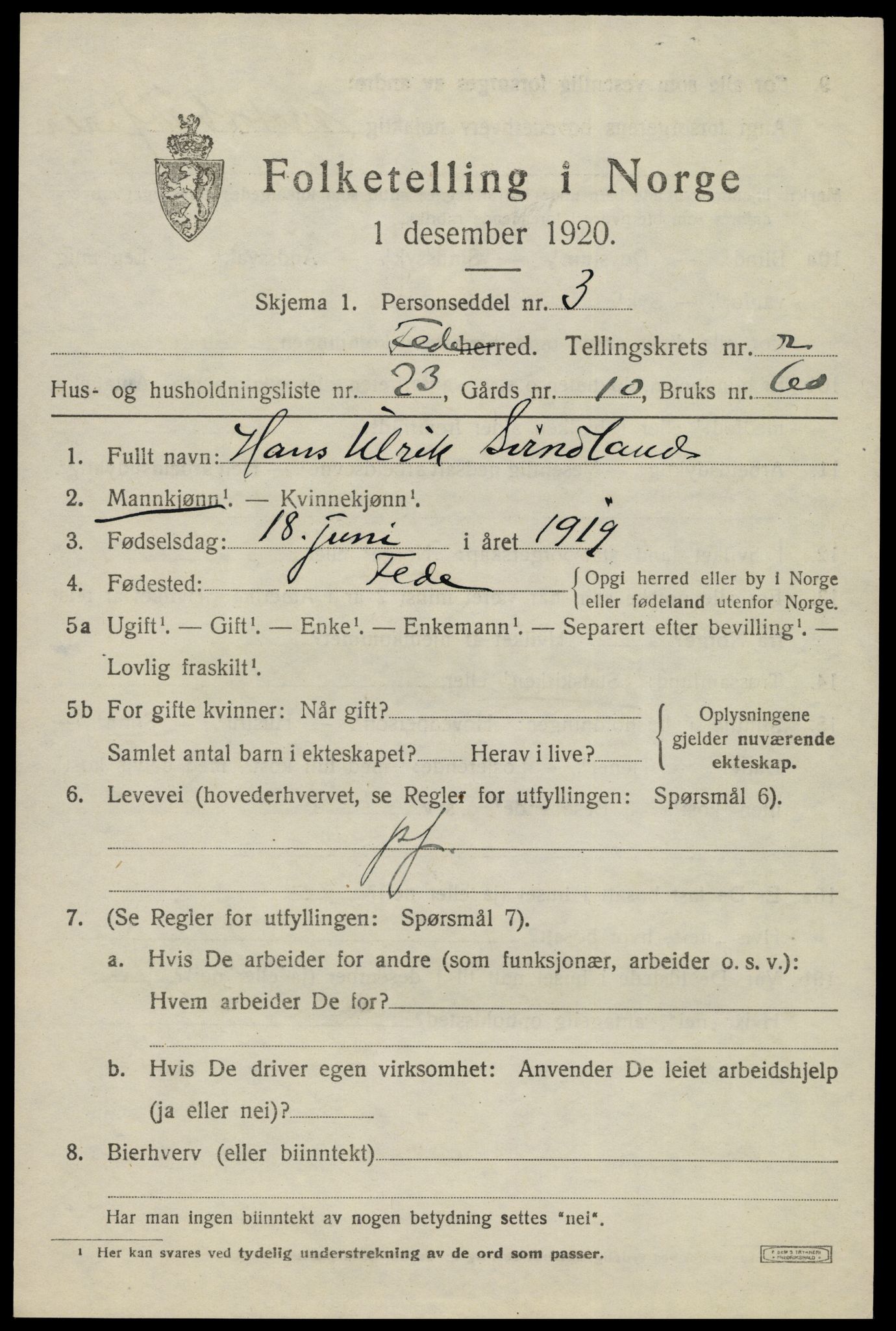 SAK, 1920 census for Feda, 1920, p. 1155