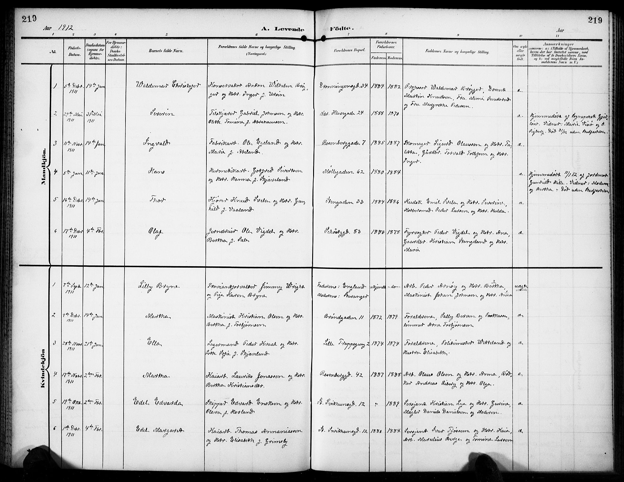 Domkirken sokneprestkontor, SAST/A-101812/001/30/30BB/L0018: Parish register (copy) no. B 18, 1903-1915, p. 219