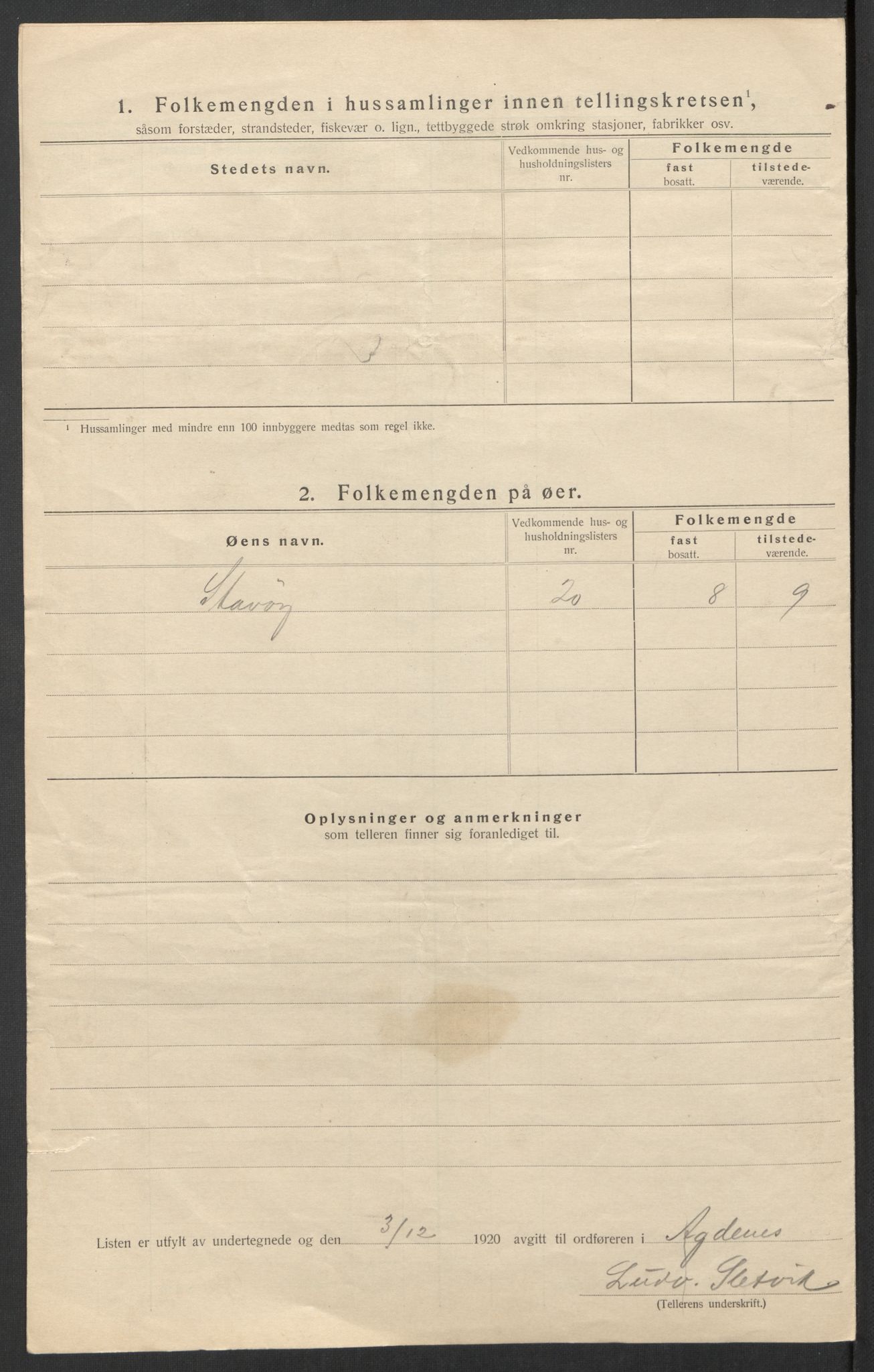 SAT, 1920 census for Agdenes, 1920, p. 14