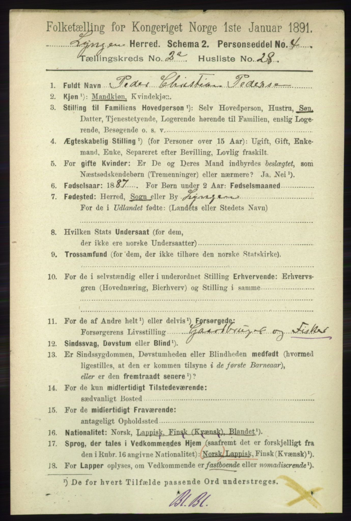 RA, 1891 census for 1938 Lyngen, 1891, p. 2186