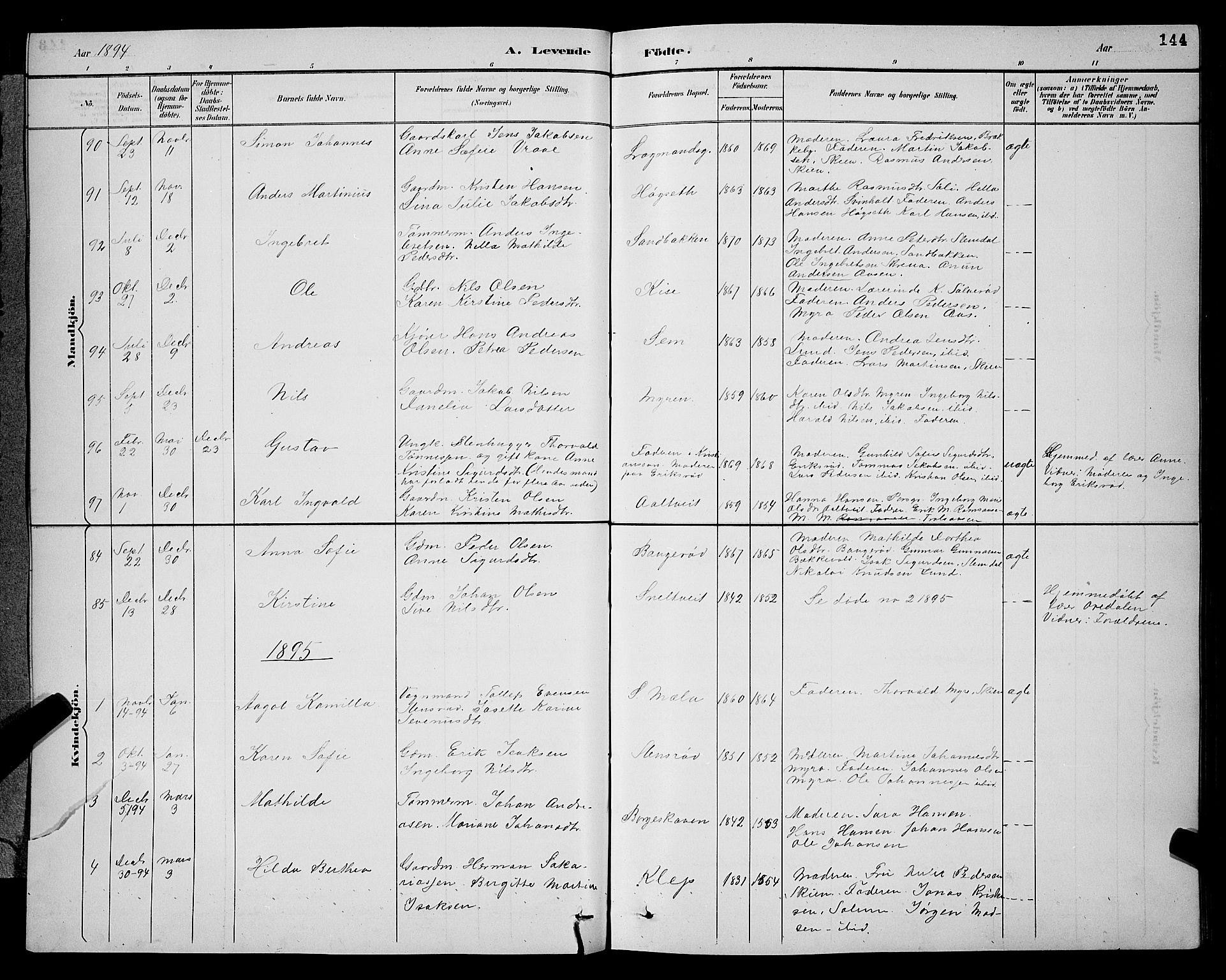 Gjerpen kirkebøker, SAKO/A-265/G/Ga/L0002: Parish register (copy) no. I 2, 1883-1900, p. 144