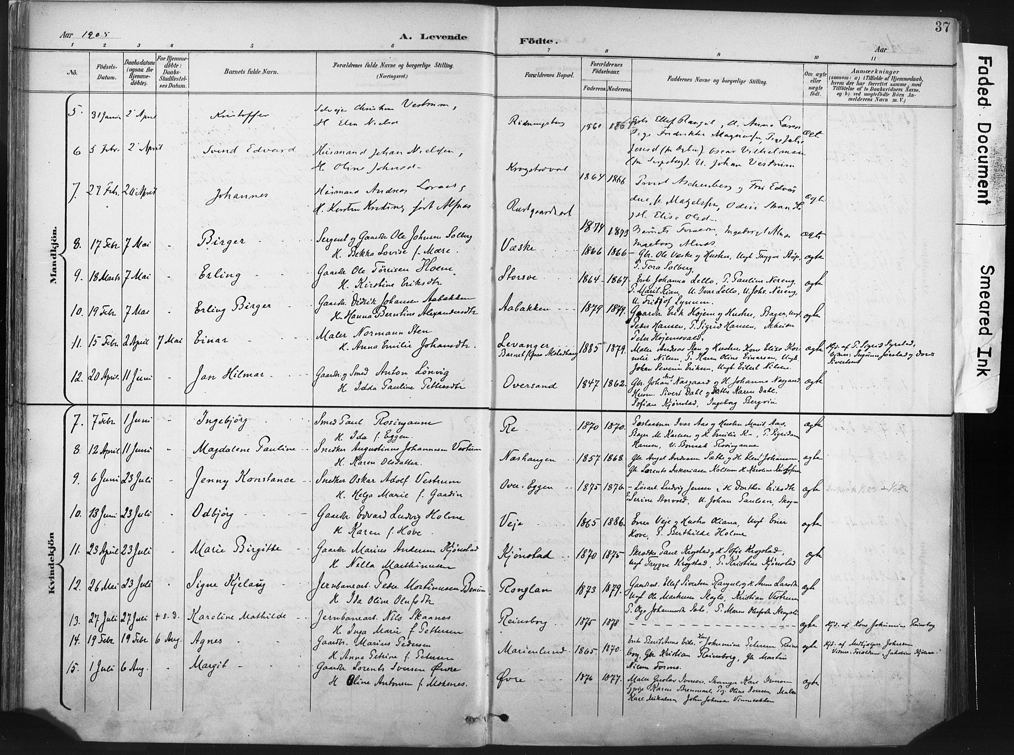 Ministerialprotokoller, klokkerbøker og fødselsregistre - Nord-Trøndelag, AV/SAT-A-1458/717/L0162: Parish register (official) no. 717A12, 1898-1923, p. 37