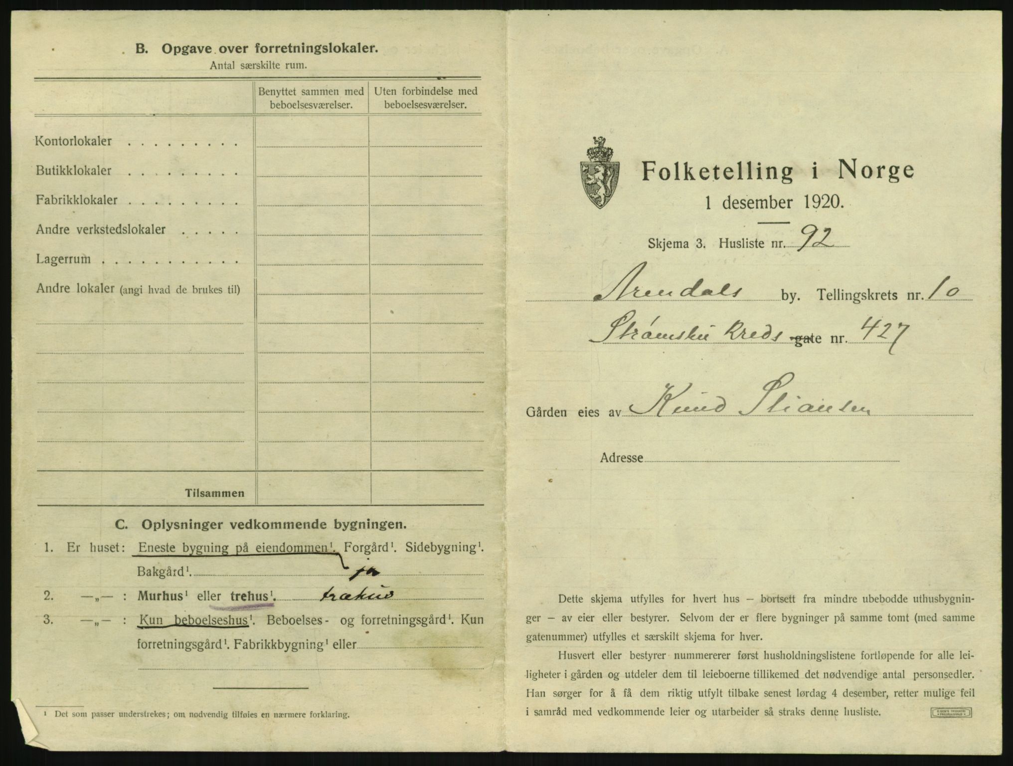 SAK, 1920 census for Arendal, 1920, p. 1470