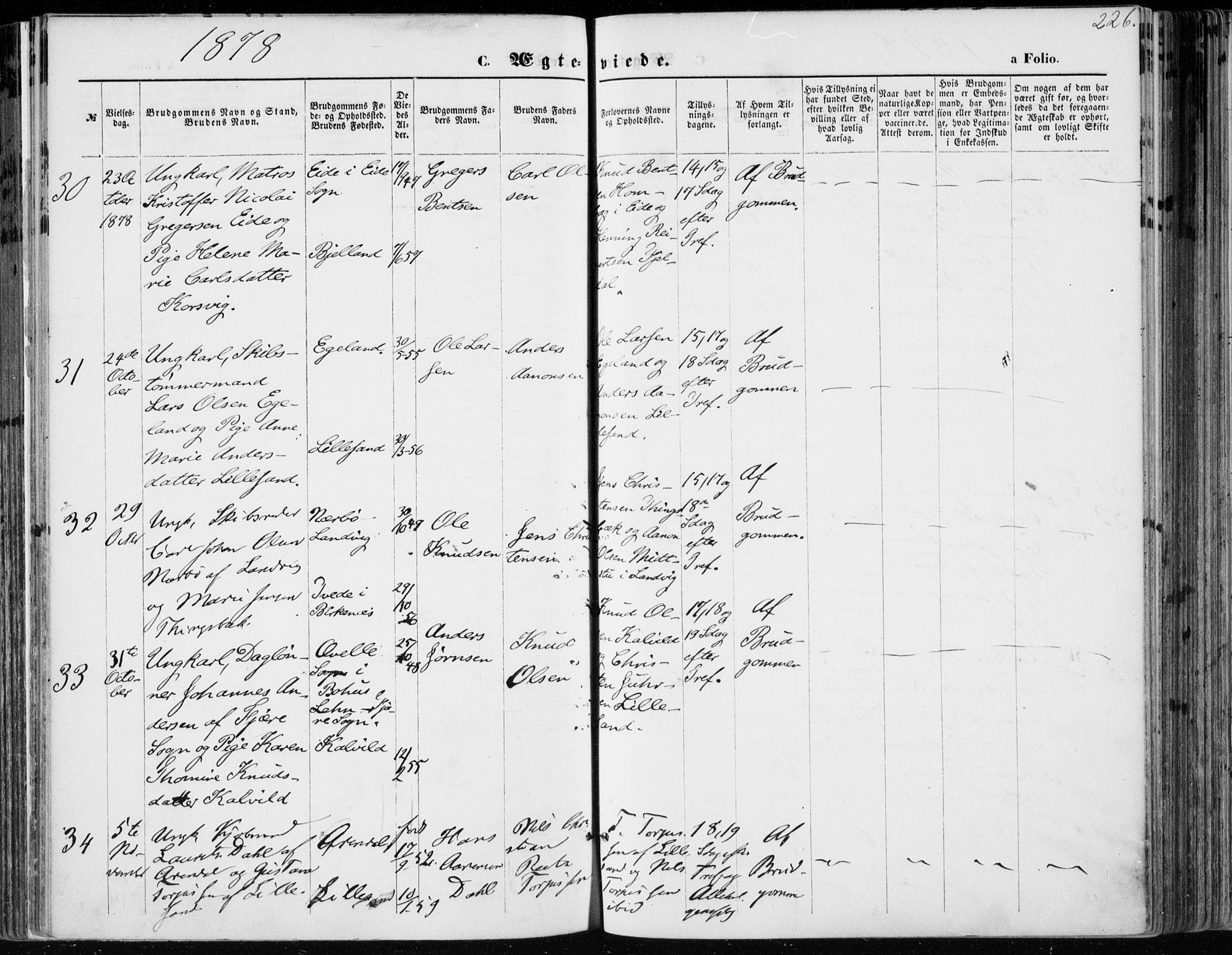 Vestre Moland sokneprestkontor, AV/SAK-1111-0046/F/Fa/Fab/L0008: Parish register (official) no. A 8, 1873-1883, p. 226