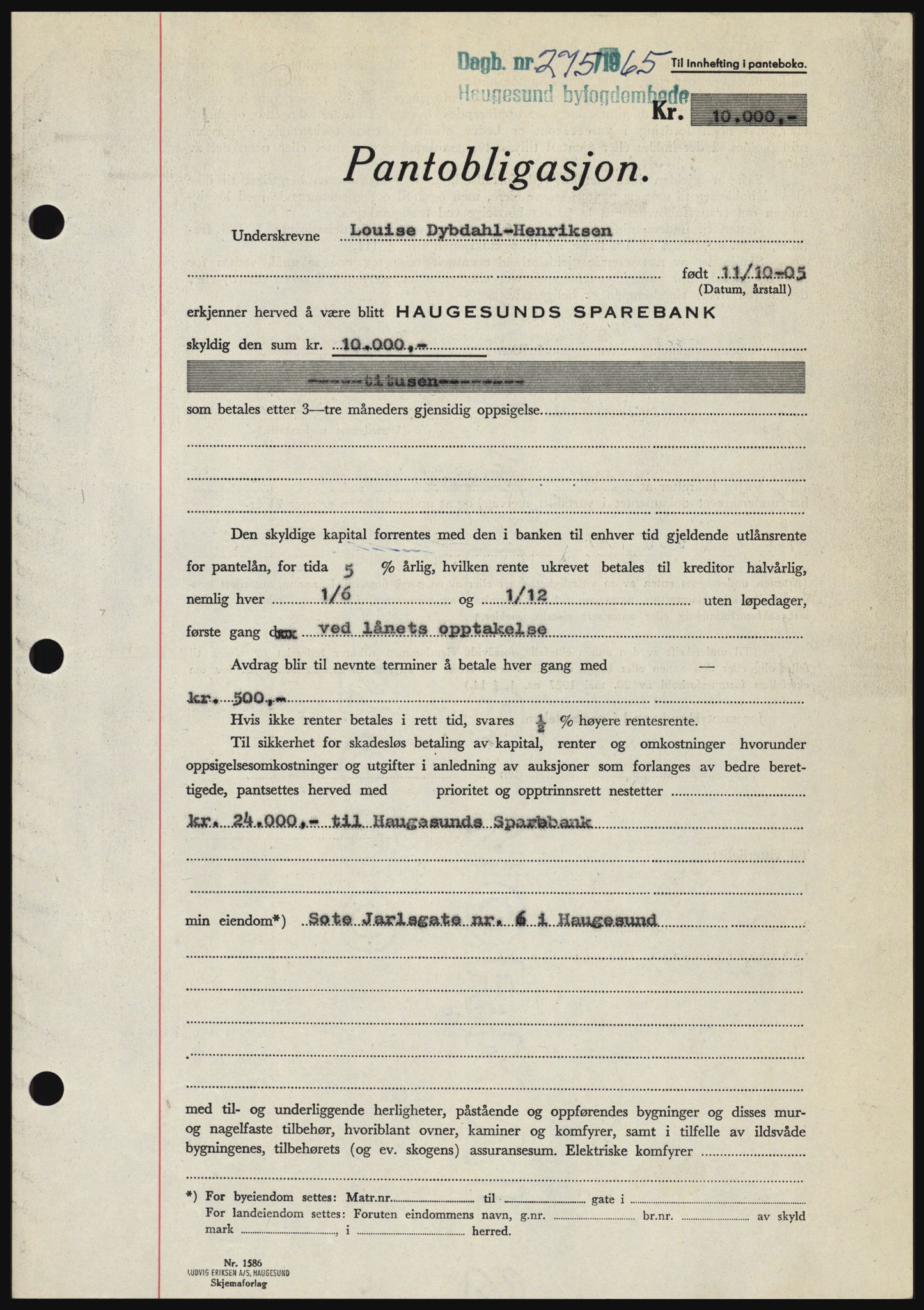 Haugesund tingrett, SAST/A-101415/01/II/IIC/L0053: Mortgage book no. B 53, 1965-1965, Diary no: : 275/1965