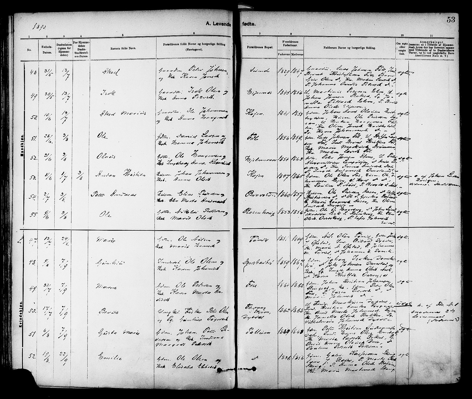 Ministerialprotokoller, klokkerbøker og fødselsregistre - Sør-Trøndelag, AV/SAT-A-1456/647/L0634: Parish register (official) no. 647A01, 1885-1896, p. 53