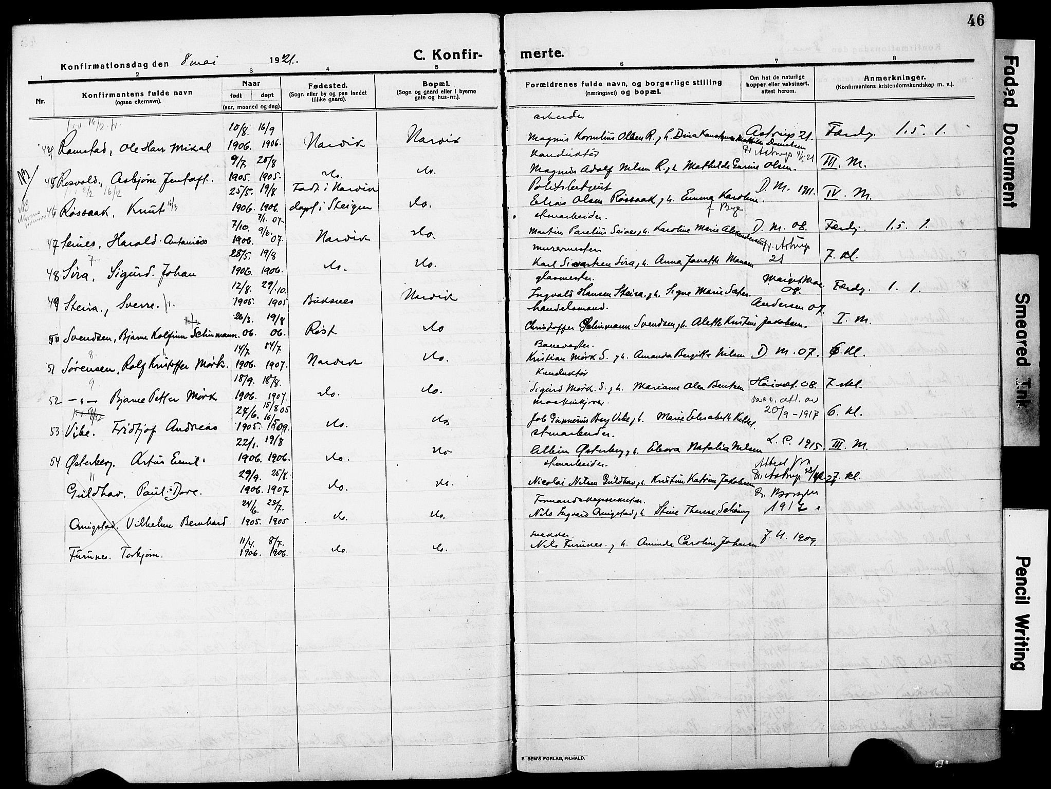 Ministerialprotokoller, klokkerbøker og fødselsregistre - Nordland, AV/SAT-A-1459/871/L0989: Parish register (official) no. 871A05, 1915-1922, p. 46