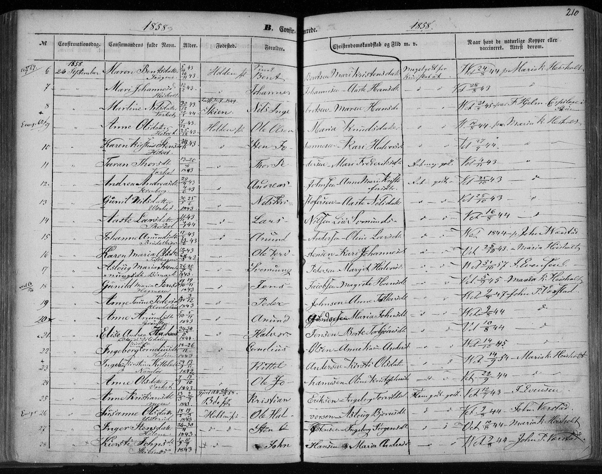 Holla kirkebøker, SAKO/A-272/F/Fa/L0005: Parish register (official) no. 5, 1849-1860, p. 210