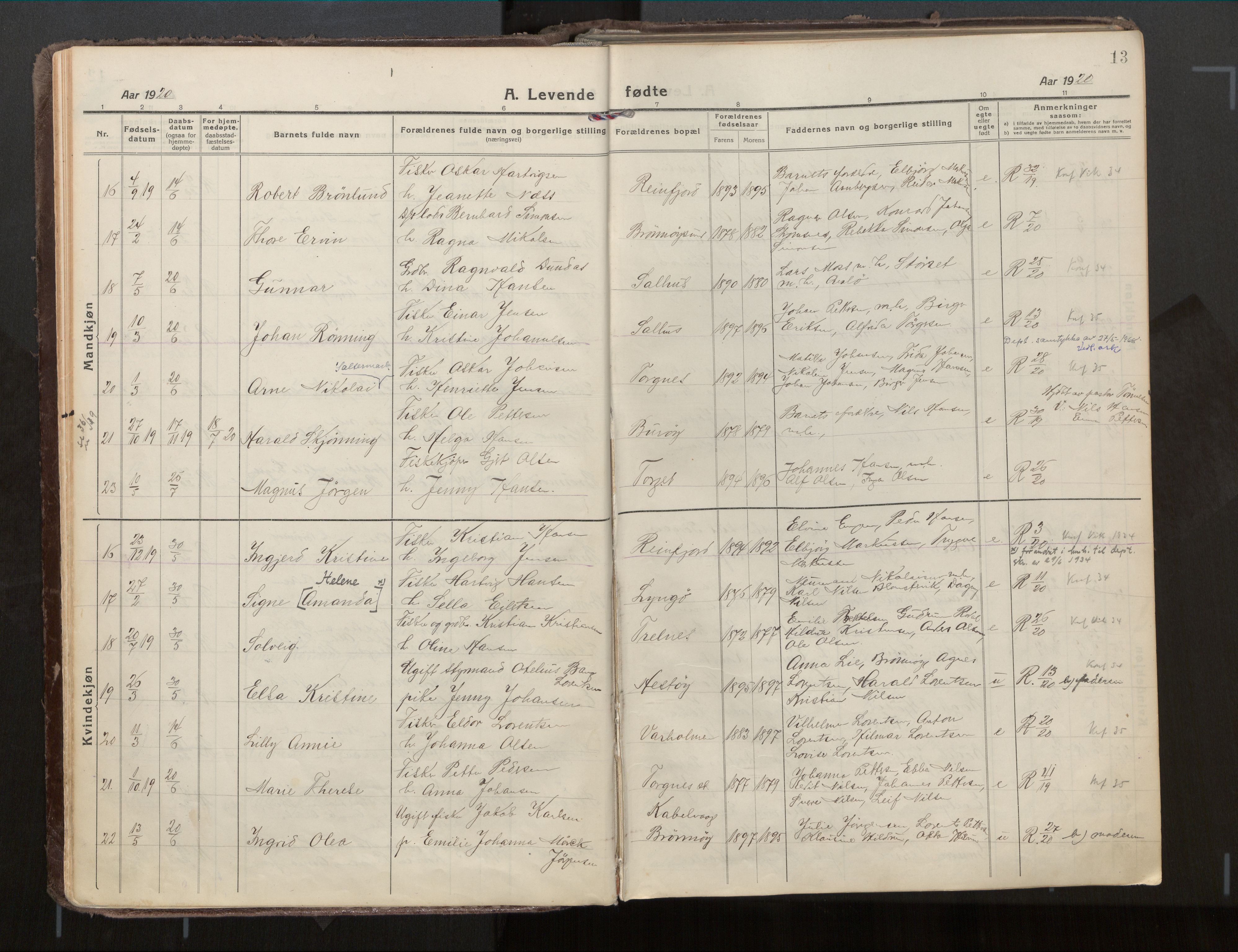 Ministerialprotokoller, klokkerbøker og fødselsregistre - Nordland, AV/SAT-A-1459/813/L0207a: Parish register (official) no. 813A18, 1919-1927, p. 13