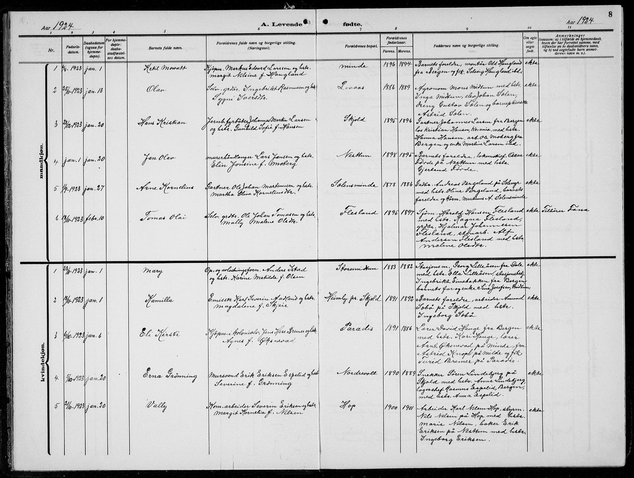 Birkeland Sokneprestembete, SAB/A-74601/H/Hab: Parish register (copy) no. A  8, 1923-1933, p. 8