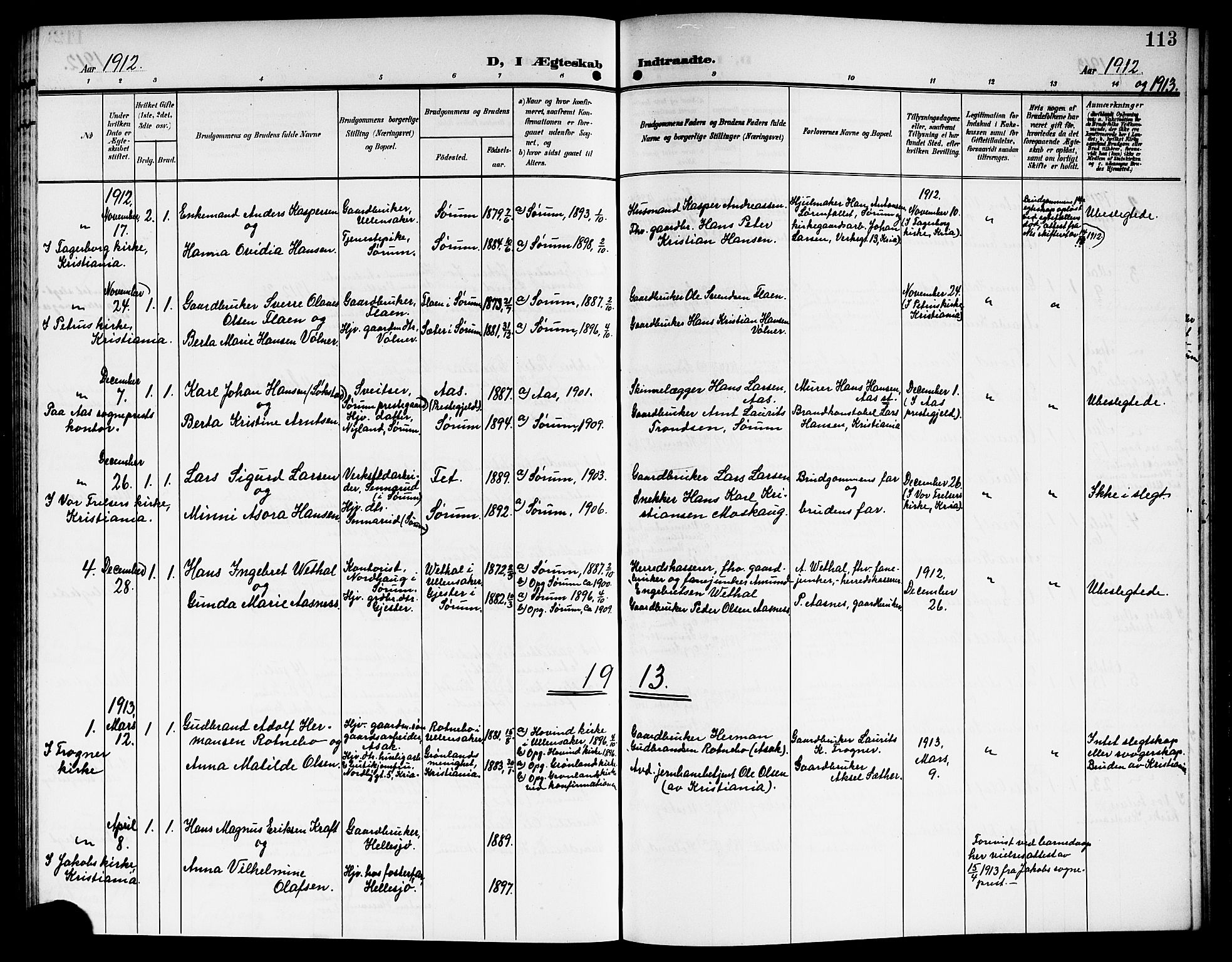 Sørum prestekontor Kirkebøker, SAO/A-10303/G/Ga/L0007: Parish register (copy) no. I 7, 1907-1917, p. 113