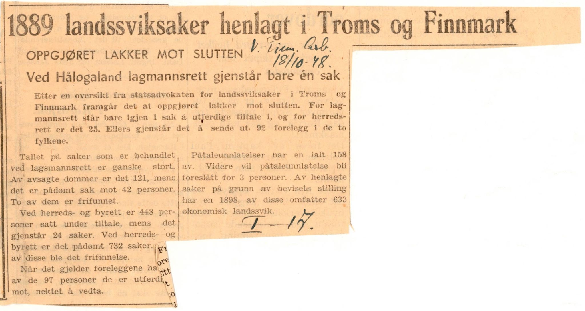 Finnmarkskontorets presse- og opplysningsarkiv , FMFB/A-1198/E/L0003/0017: I Nord-Troms og Finnmark - generelt  / Krigen i Nord-Norge og beretninger om samme, 1946-1948