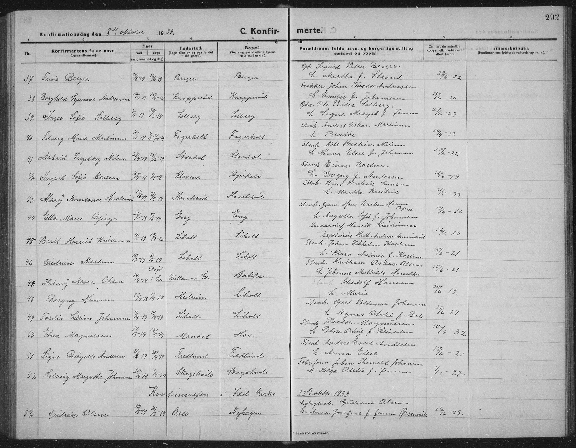 Idd prestekontor Kirkebøker, SAO/A-10911/G/Gb/L0003: Parish register (copy) no. II 3, 1914-1940, p. 292