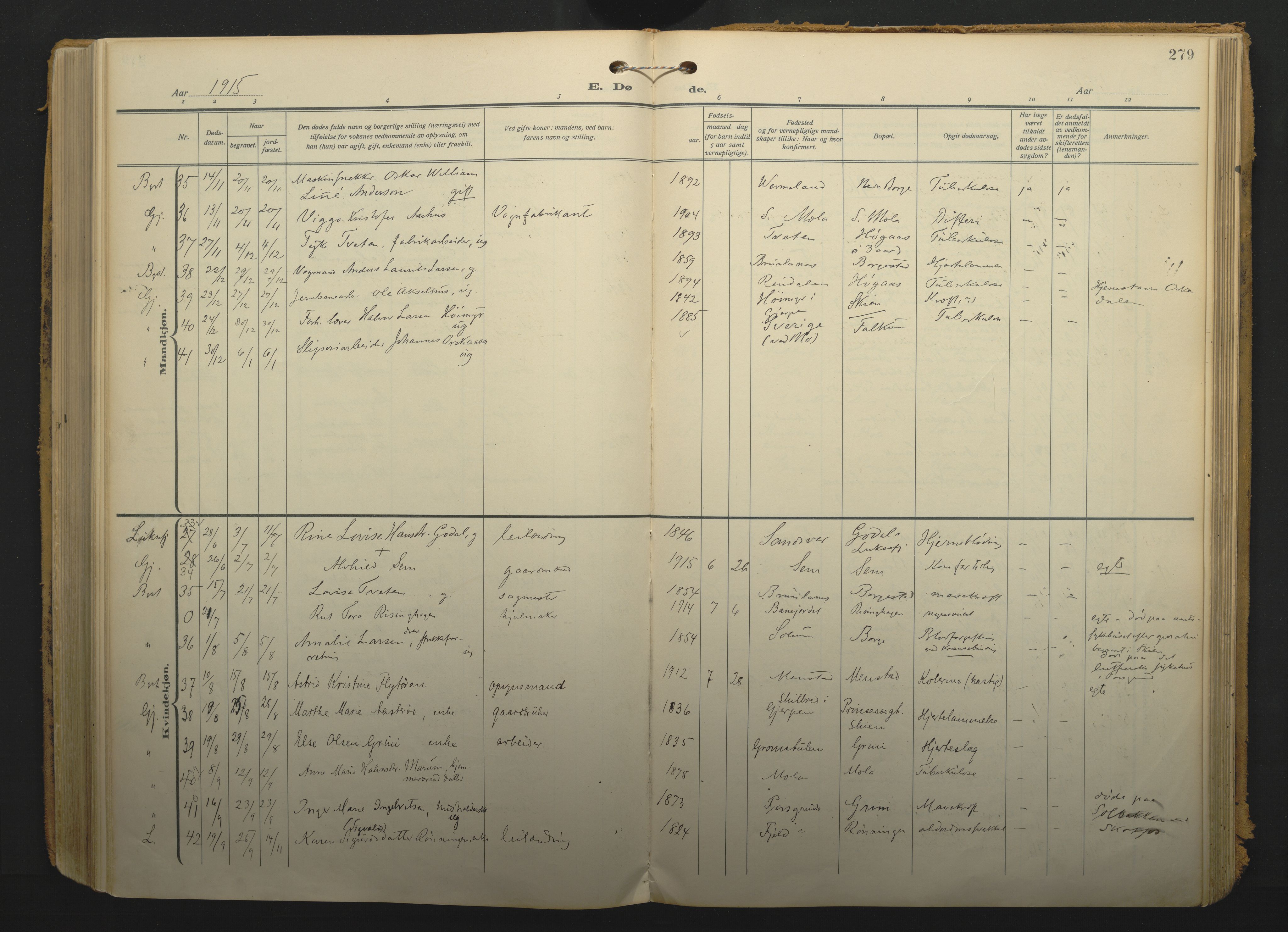 Gjerpen kirkebøker, SAKO/A-265/F/Fa/L0013: Parish register (official) no. I 13, 1914-1924, p. 279