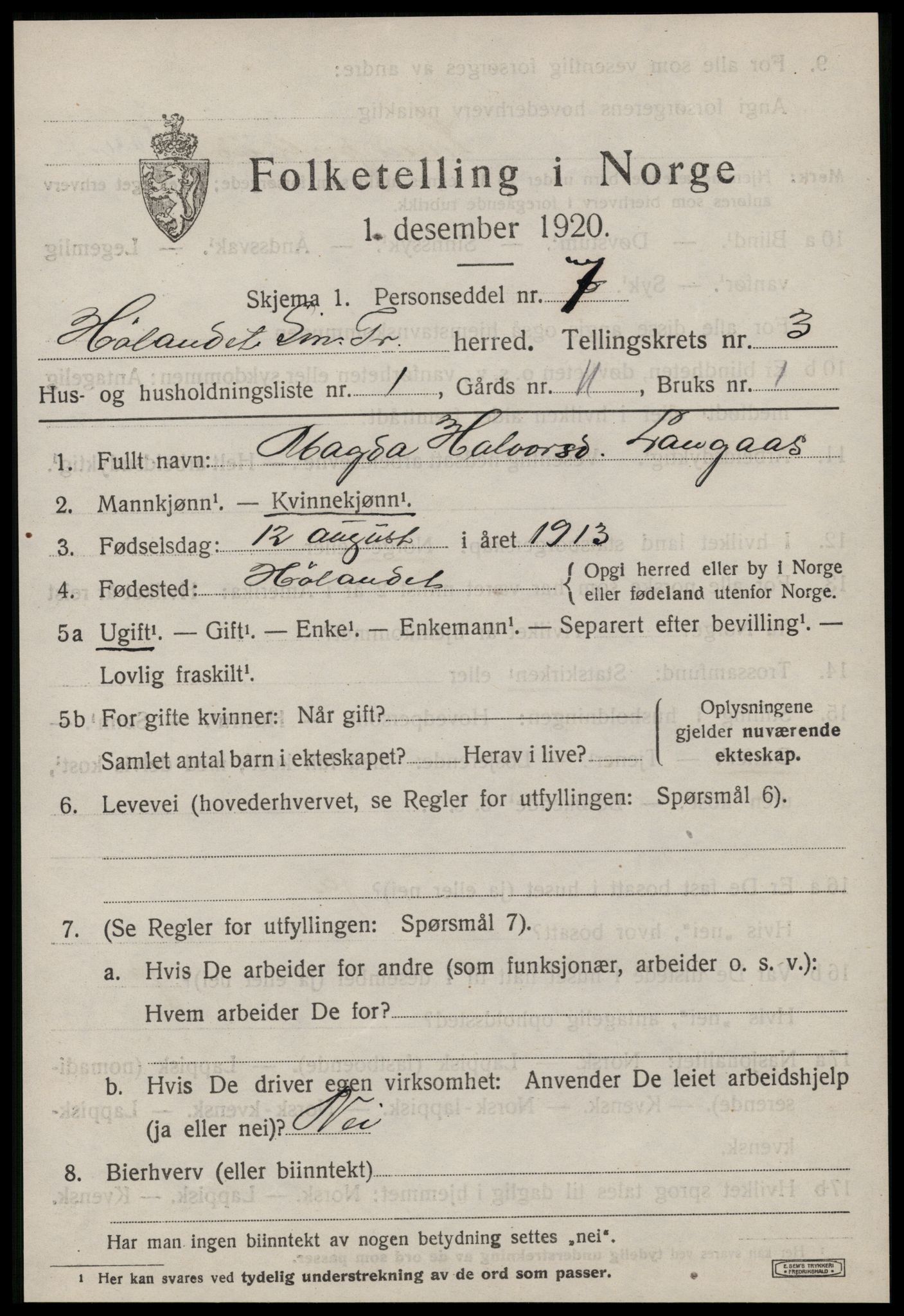 SAT, 1920 census for Hølonda, 1920, p. 1165