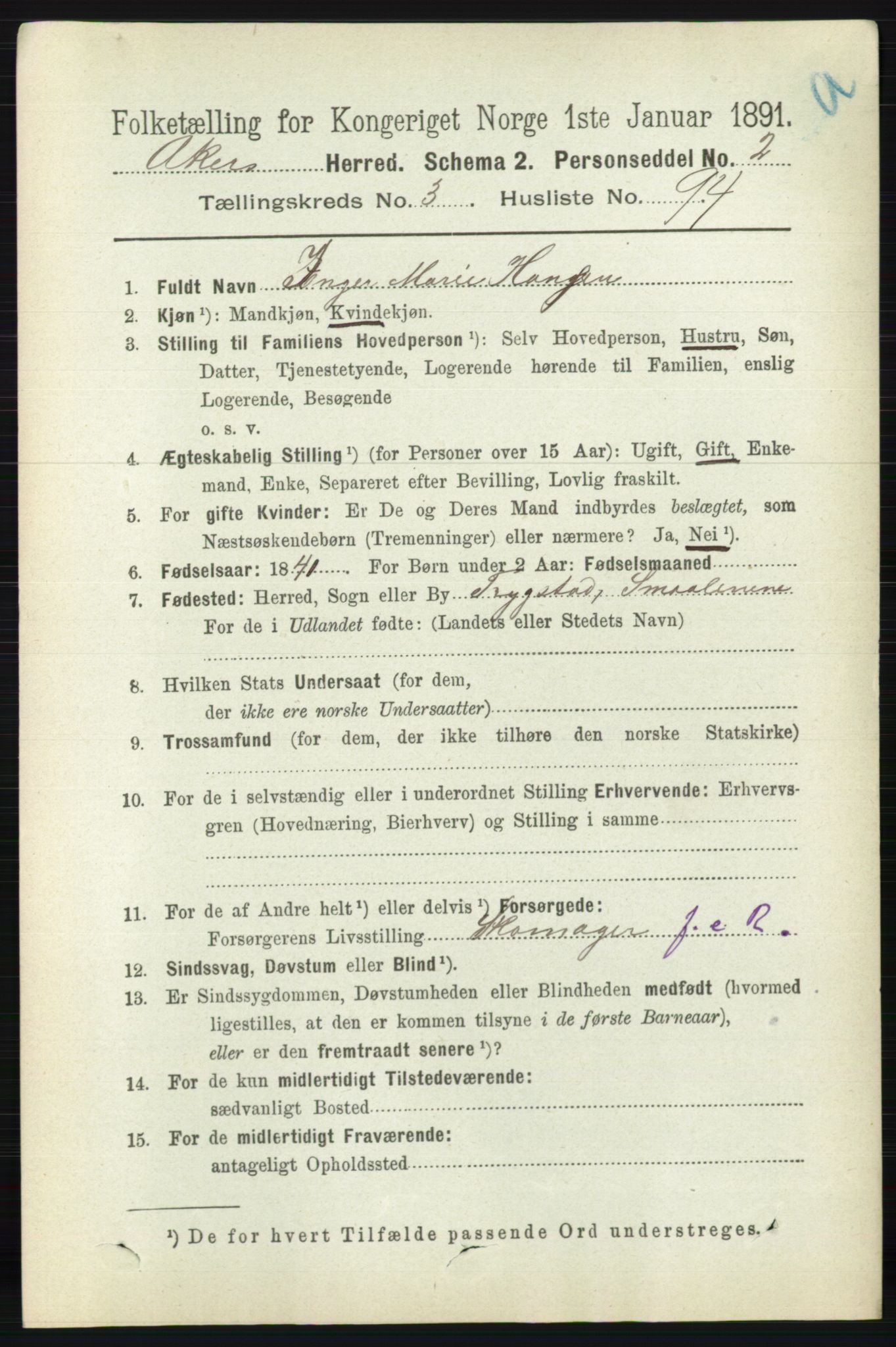 RA, 1891 census for 0218 Aker, 1891, p. 3849