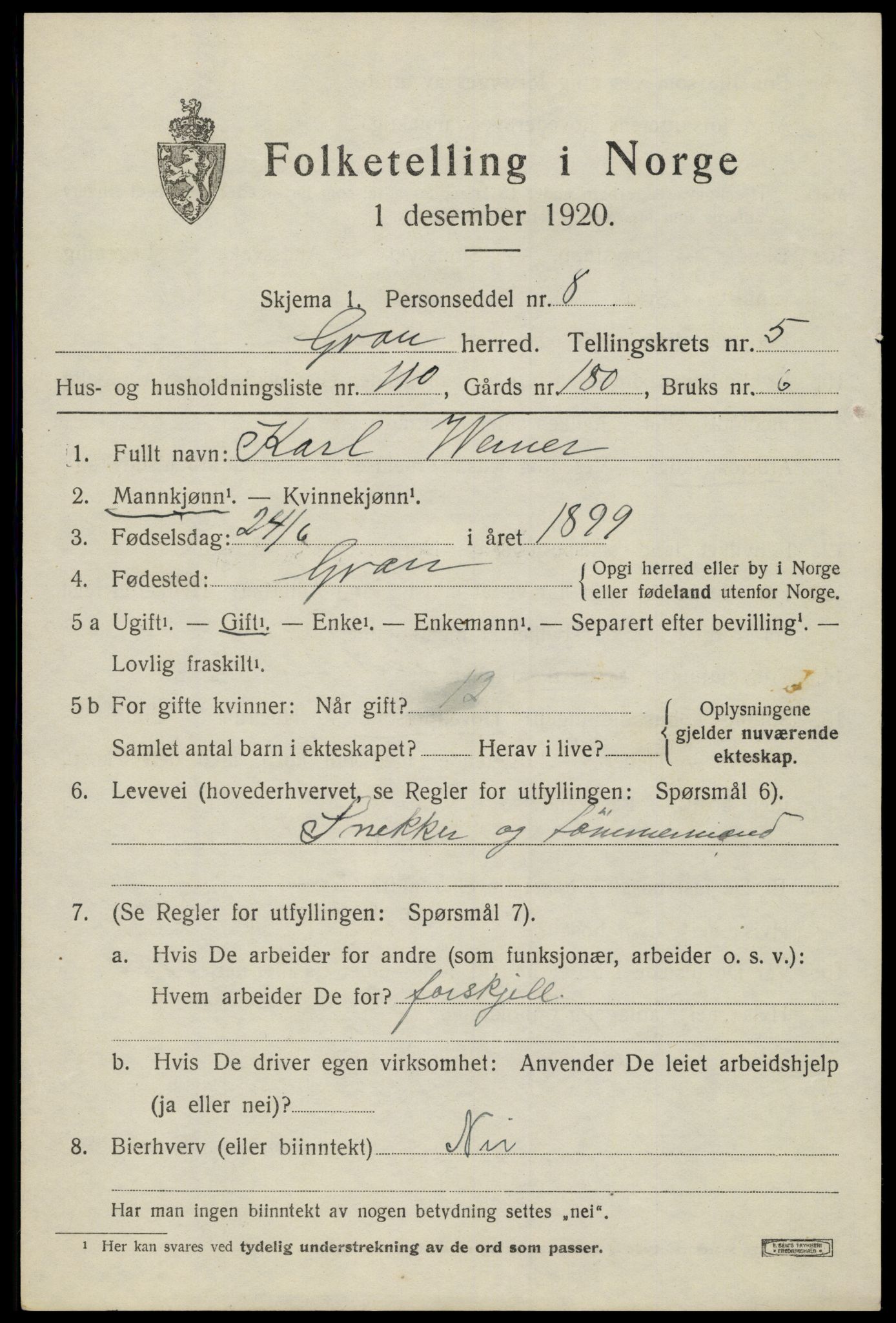 SAH, 1920 census for Gran, 1920, p. 8301