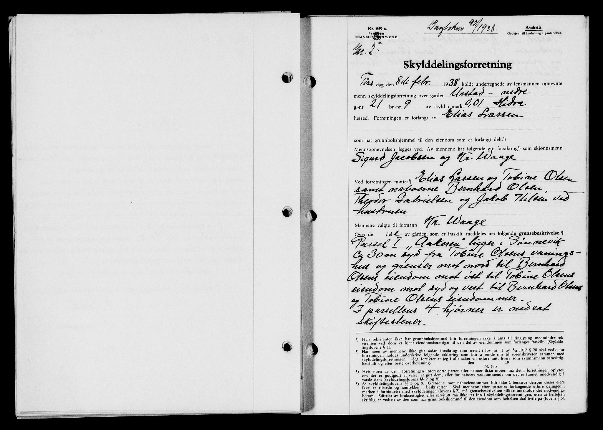 Flekkefjord sorenskriveri, SAK/1221-0001/G/Gb/Gba/L0054: Mortgage book no. A-2, 1937-1938, Diary no: : 92/1938