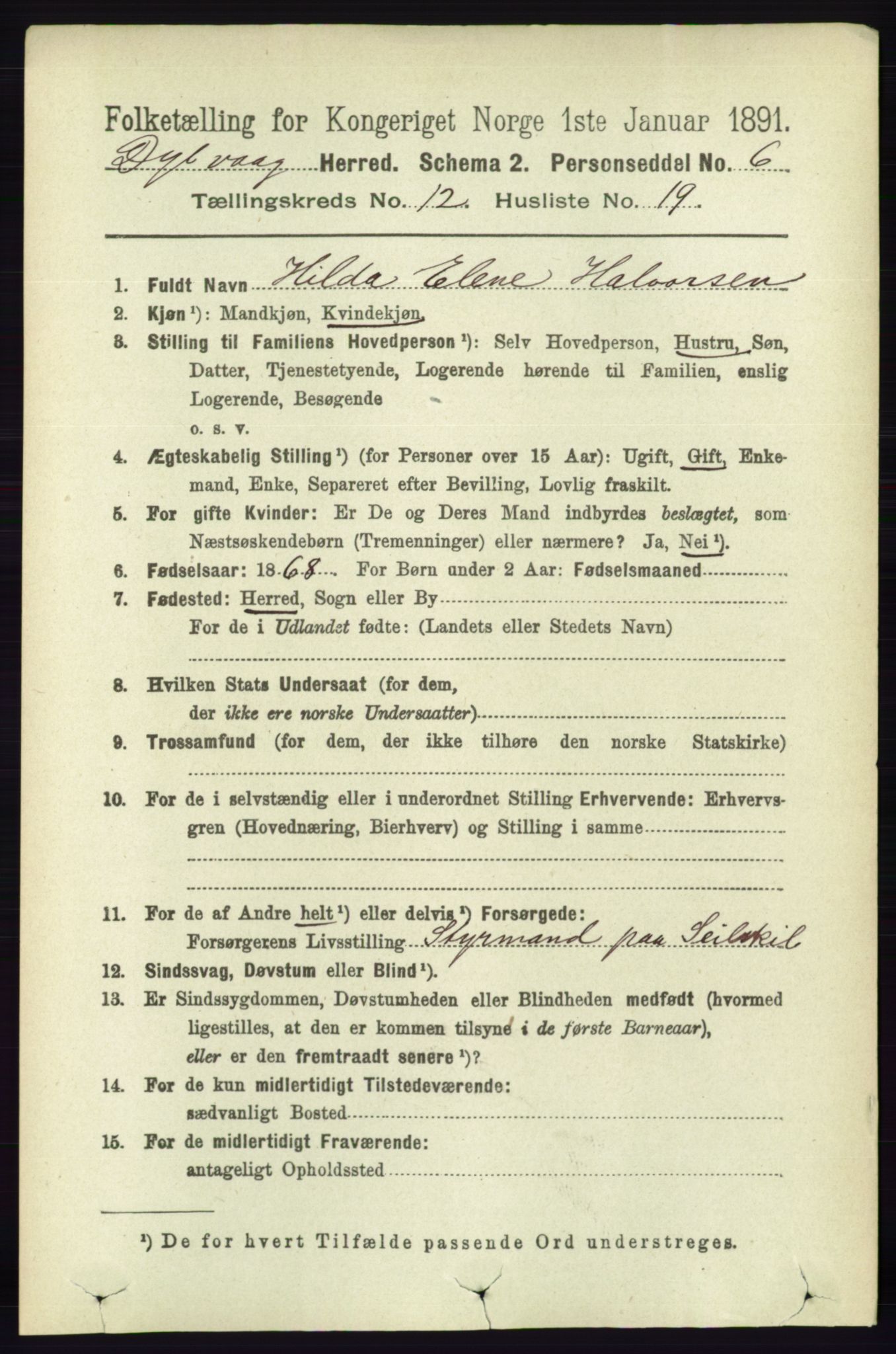 RA, 1891 census for 0915 Dypvåg, 1891, p. 4851