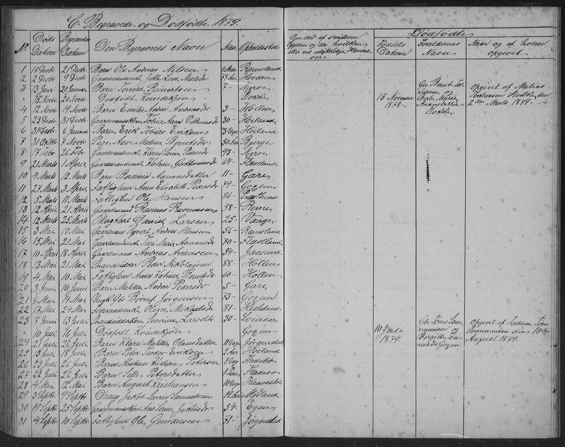 Sør-Audnedal sokneprestkontor, SAK/1111-0039/F/Fb/Fba/L0003: Parish register (copy) no. B 3, 1879-1893, p. 119