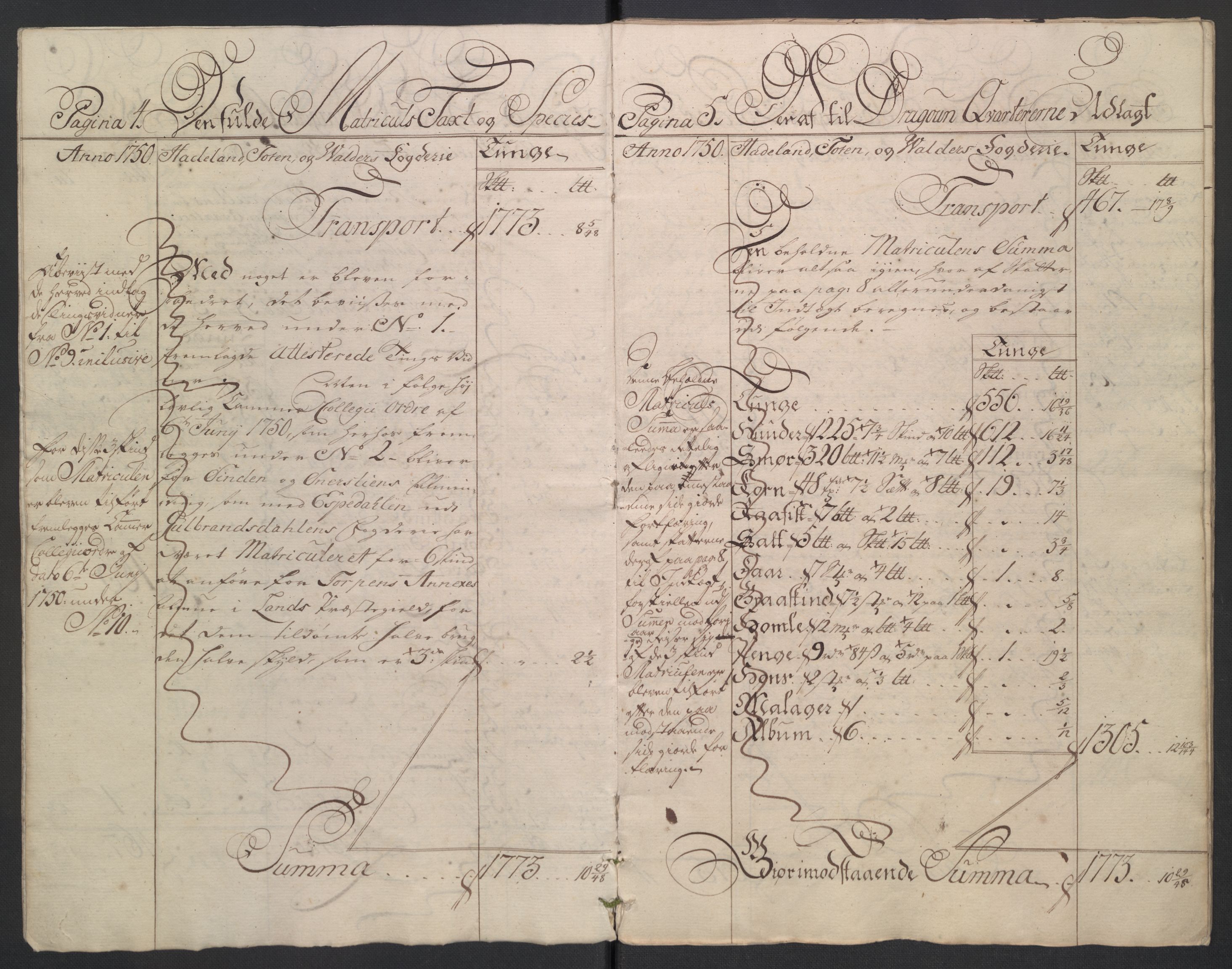 Rentekammeret inntil 1814, Reviderte regnskaper, Fogderegnskap, AV/RA-EA-4092/R18/L1348: Fogderegnskap Hadeland, Toten og Valdres, 1750-1751, p. 5