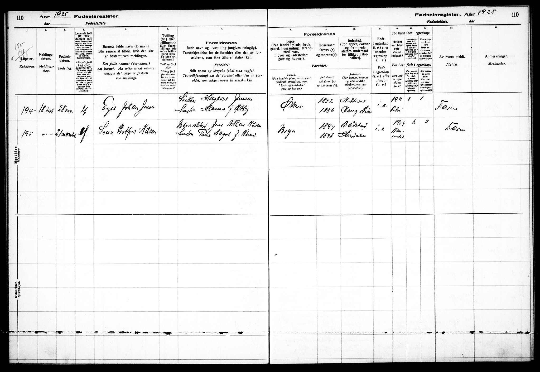 Østre Aker prestekontor Kirkebøker, AV/SAO-A-10840/J/Ja/L0002: Birth register no. I 2, 1923-1927, p. 110