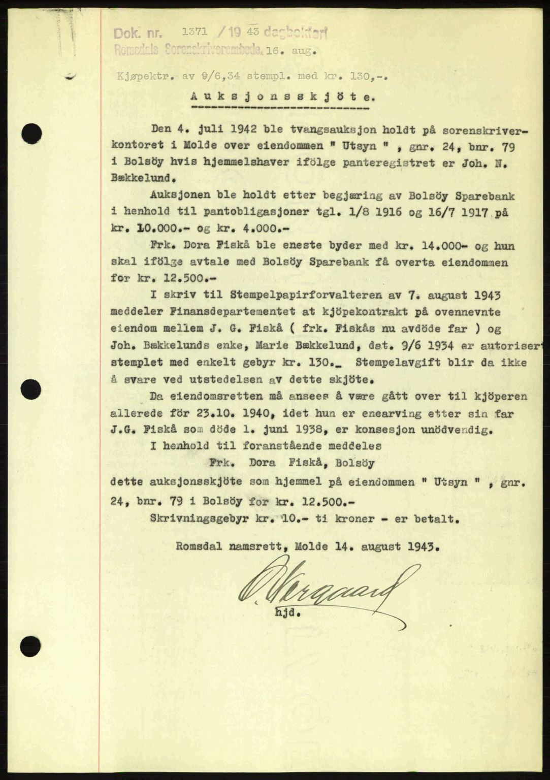 Romsdal sorenskriveri, AV/SAT-A-4149/1/2/2C: Mortgage book no. A14, 1943-1943, Diary no: : 1371/1943