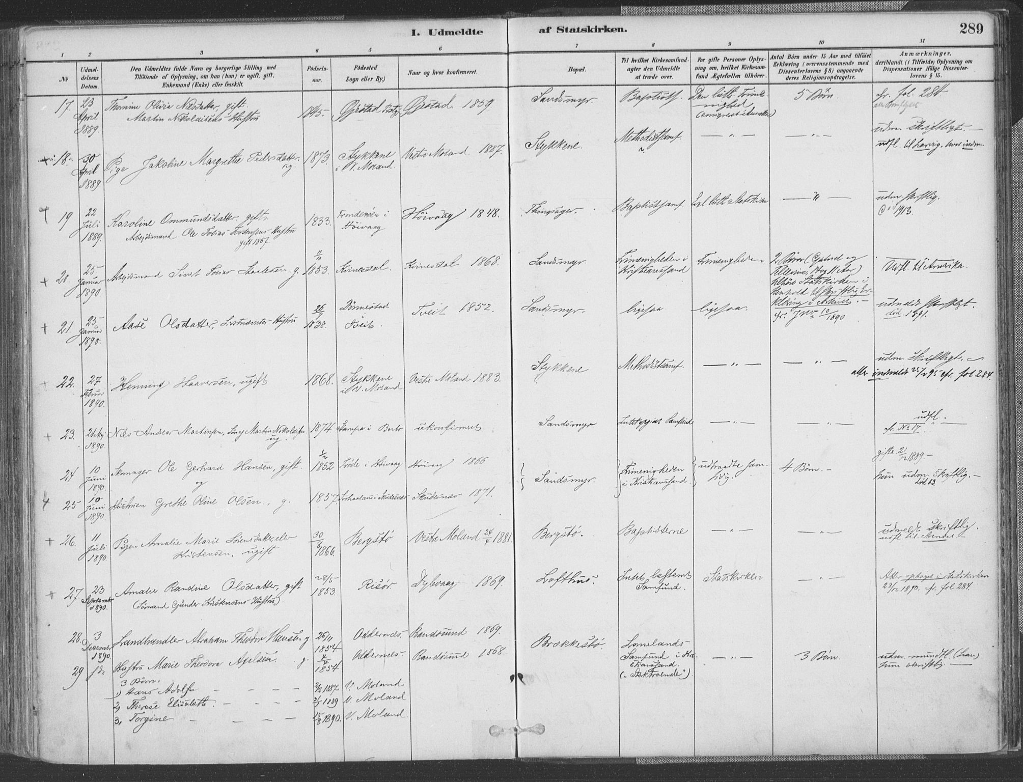 Vestre Moland sokneprestkontor, SAK/1111-0046/F/Fa/Fab/L0009: Parish register (official) no. A 9, 1884-1899, p. 289