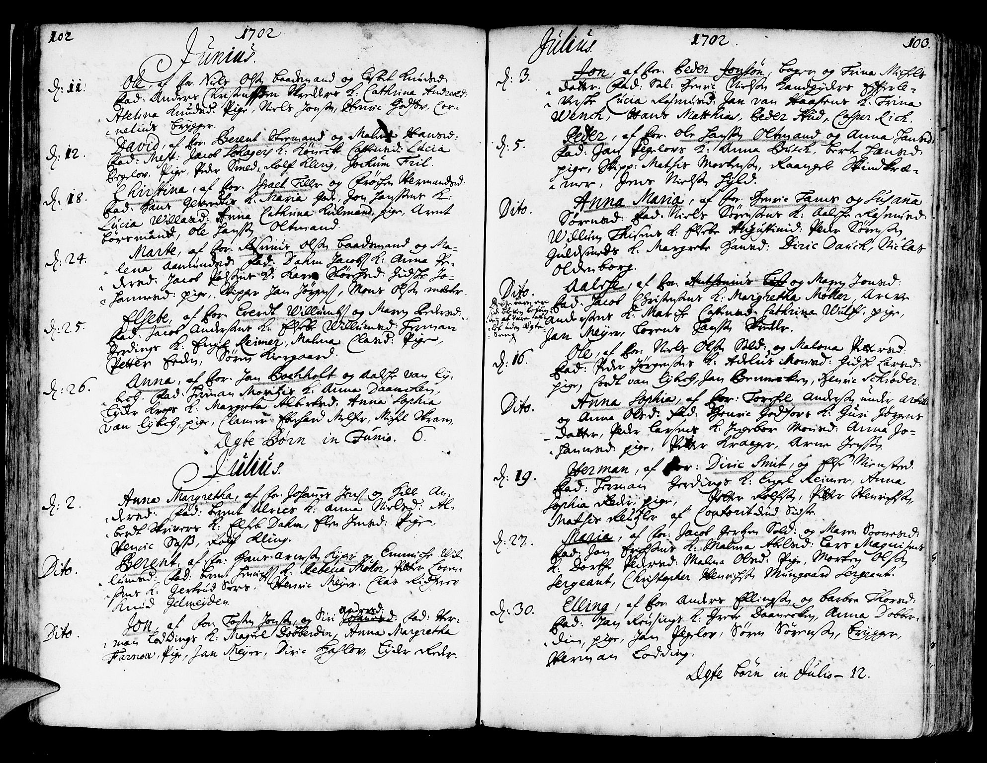 Korskirken sokneprestembete, SAB/A-76101/H/Haa/L0003: Parish register (official) no. A 3, 1698-1719, p. 102-103