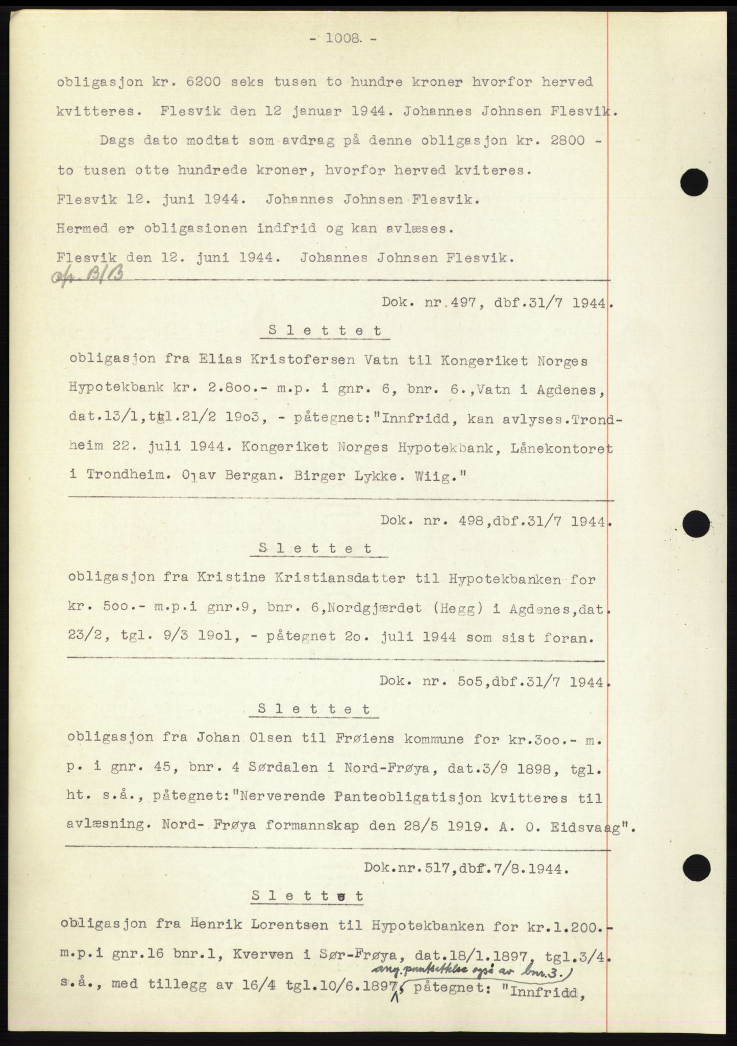 Hitra sorenskriveri, AV/SAT-A-0018/2/2C/2Ca: Mortgage book no. C1, 1936-1945, Diary no: : 497/1944