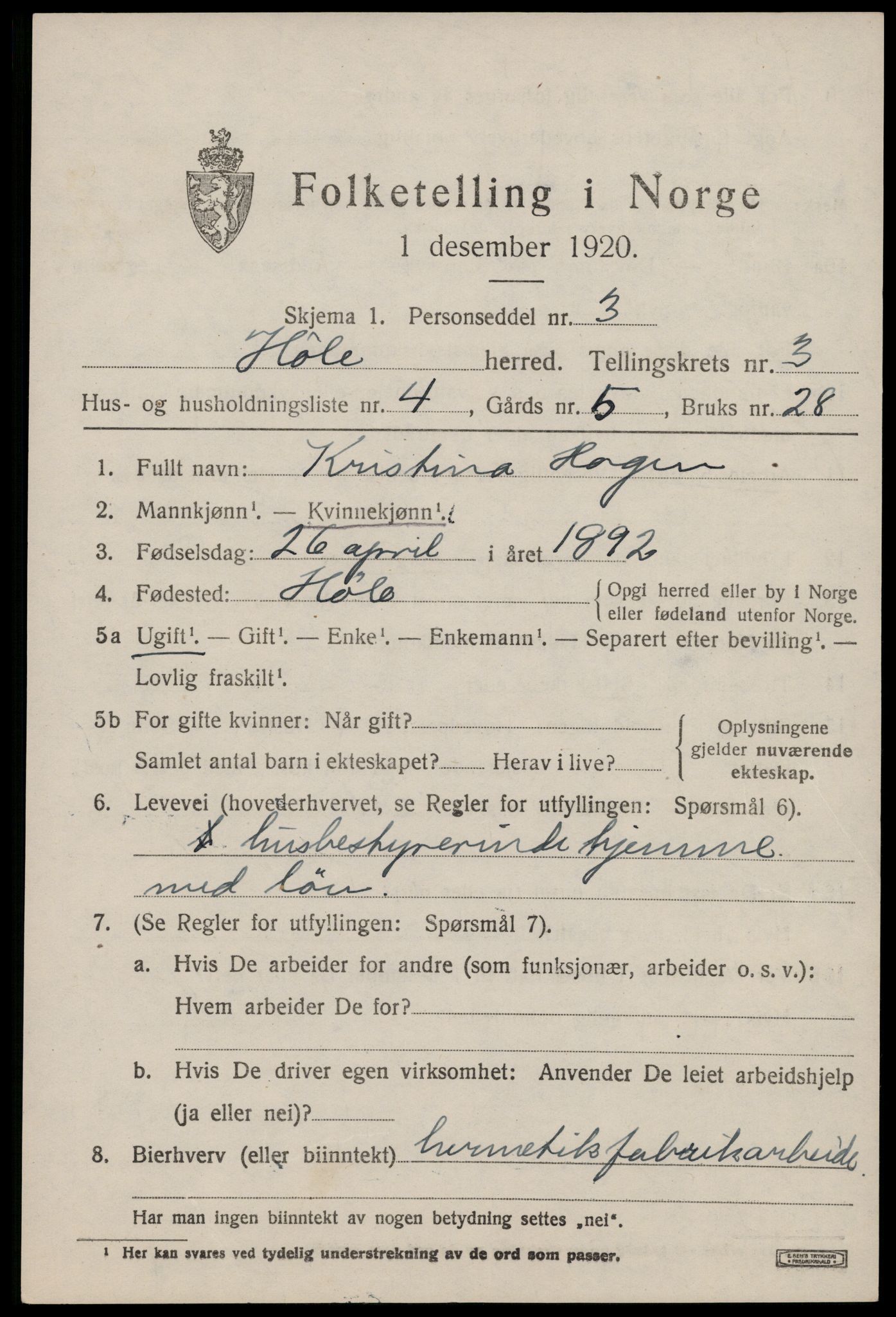 SAST, 1920 census for Høle, 1920, p. 1367